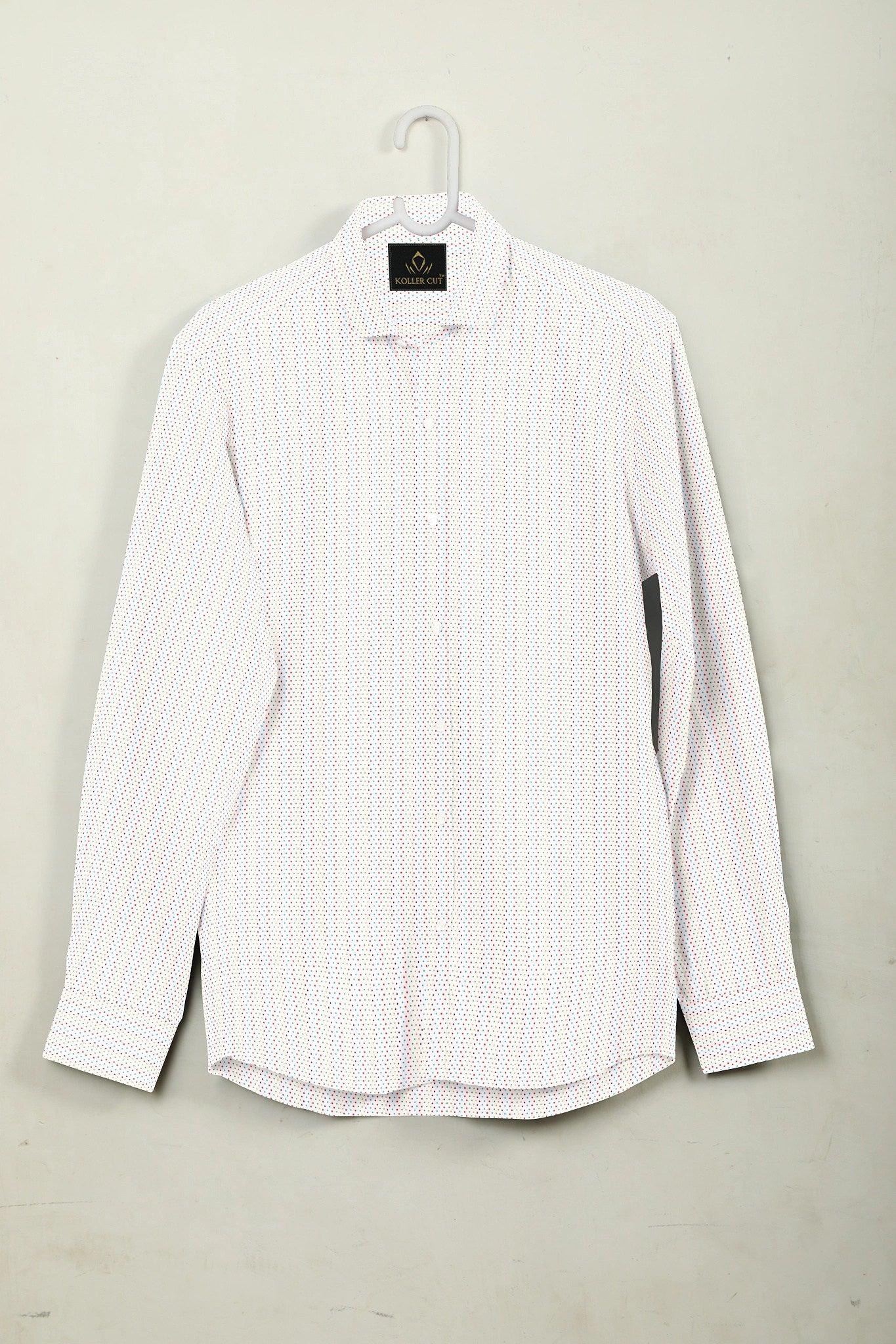 White with Cadmium Red and Dresden Blue Multicolored Dot Stripes Printed Cotton Shirt