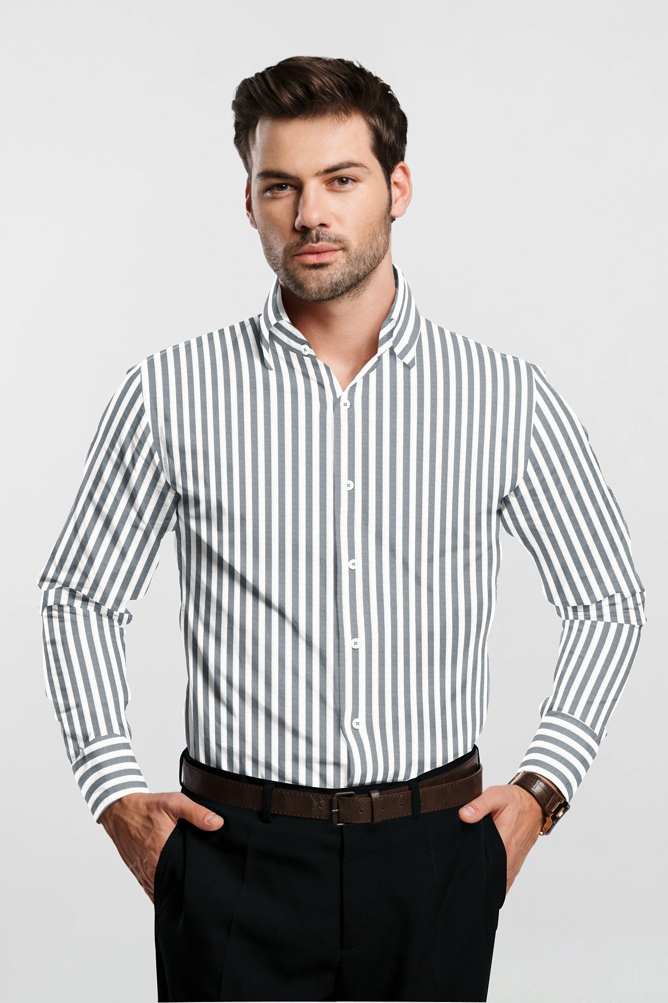 White and Rhino Gray Candy Stripes Oxford Cotton Shirt