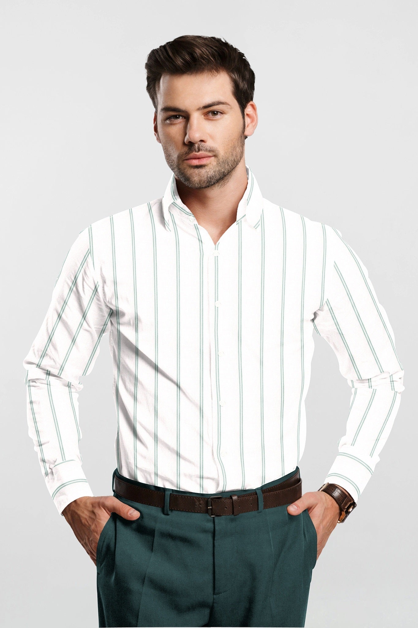 White with Sprucestone Green Oxford Stripes Cotton Shirt