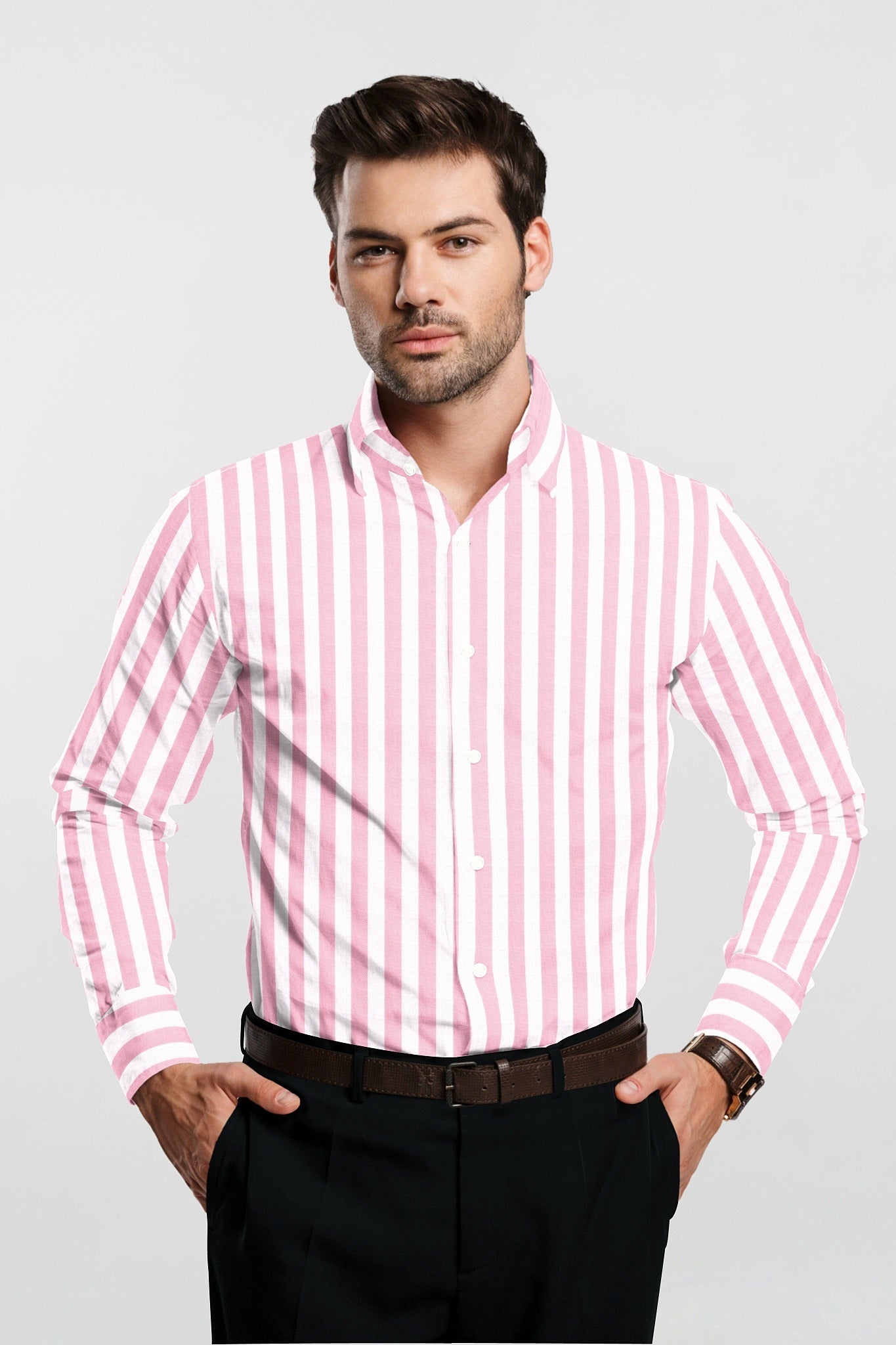 White with Orchid Pink Oxford Stripes Cotton Shirt