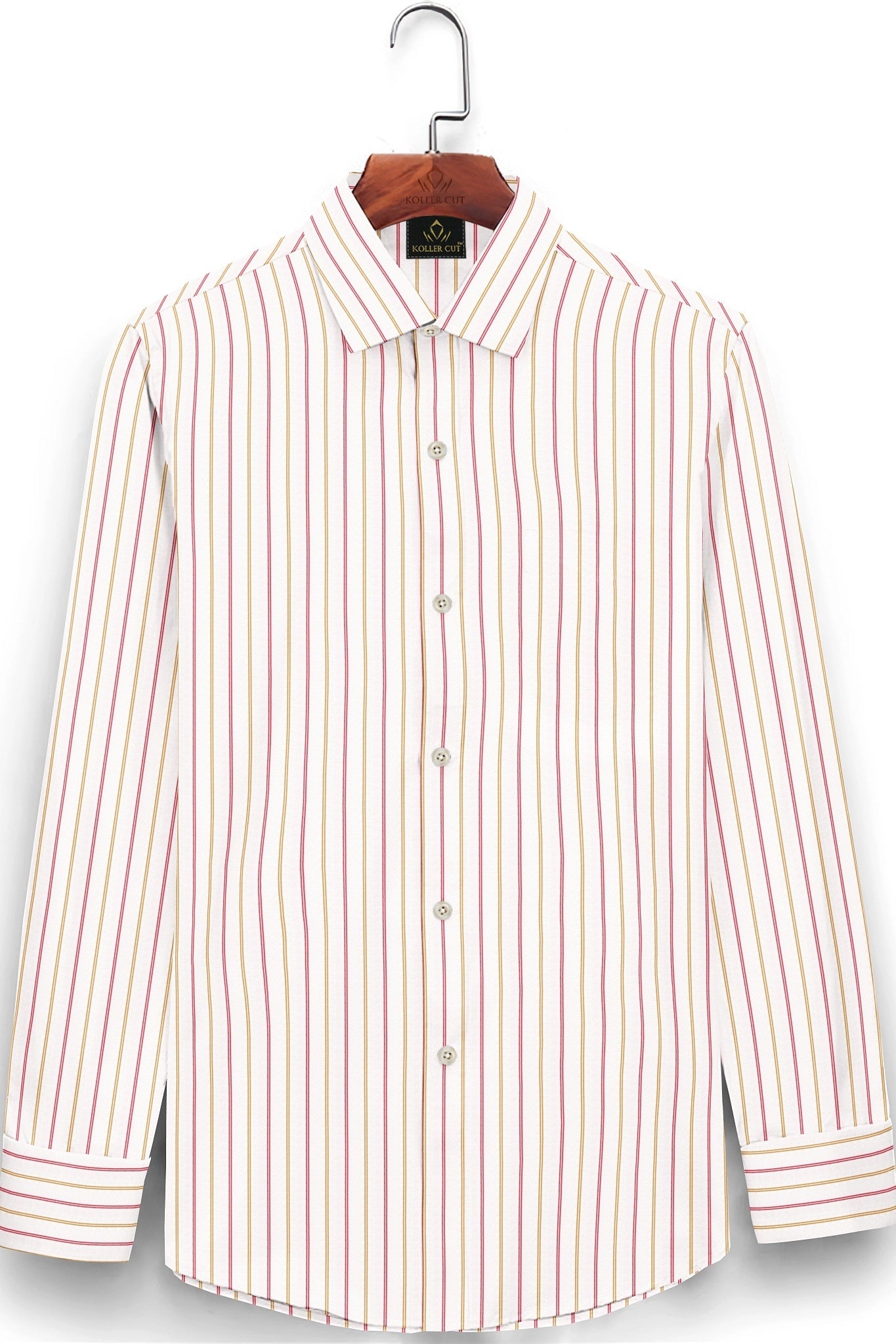 White with Lychee Red and Mustard Yellow Double Stripes Premium Cotton Shirt