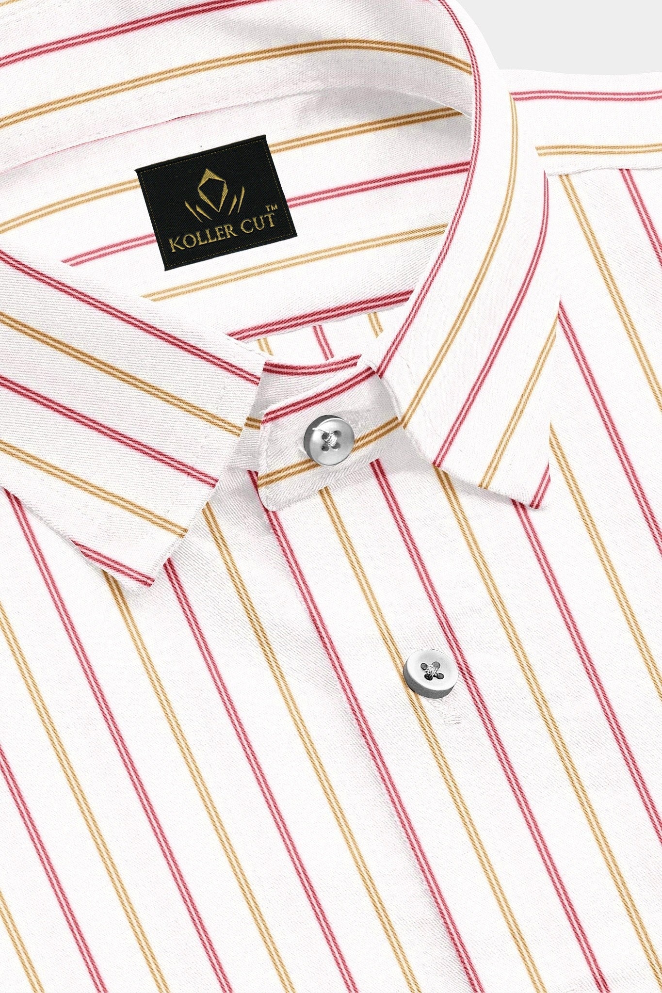 White with Lychee Red and Mustard Yellow Double Stripes Premium Cotton Shirt