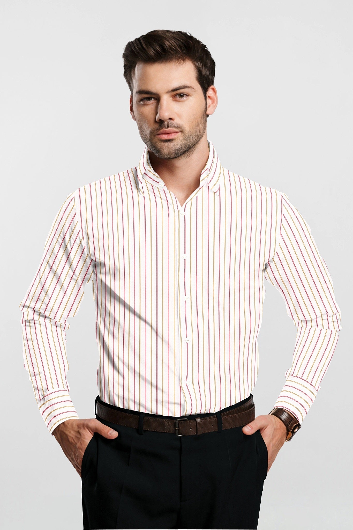 White with Lychee Red and Mustard Yellow Double Stripes Premium Cotton Shirt