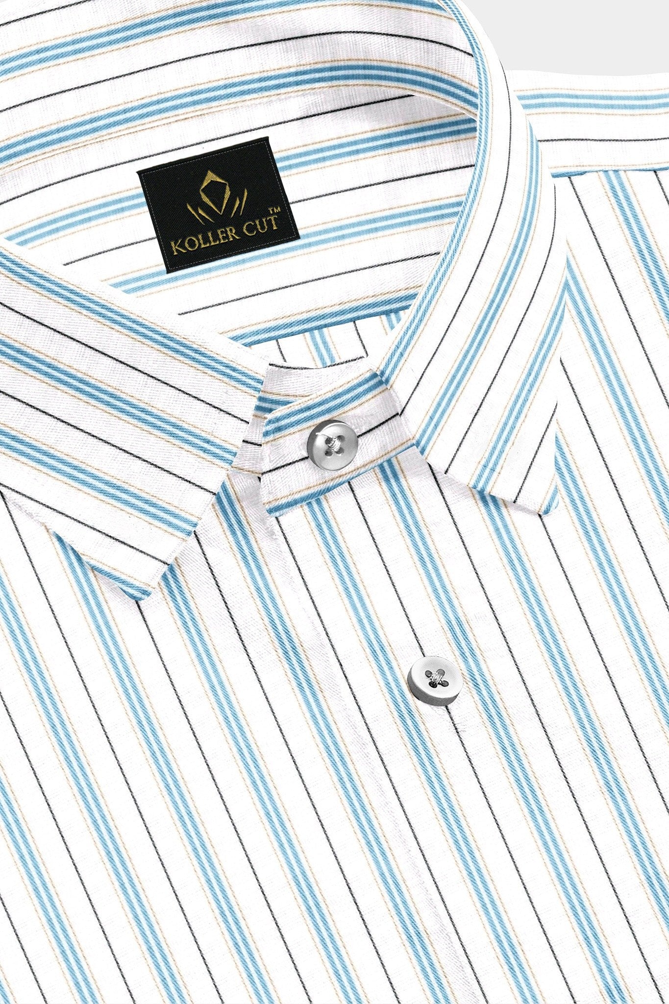 White with Turquoise Blue and Black Stripes Premium Cotton Shirts