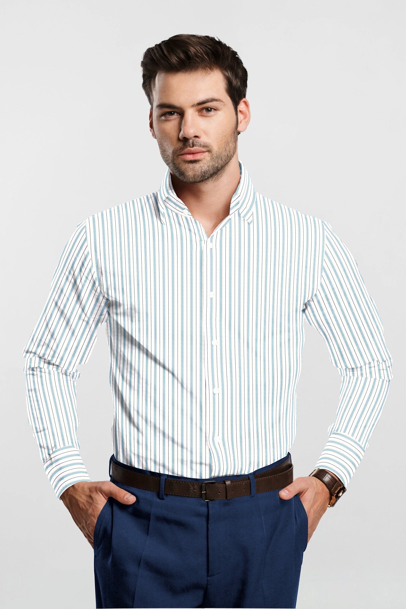 White with Turquoise Blue and Black Stripes Premium Cotton Shirts