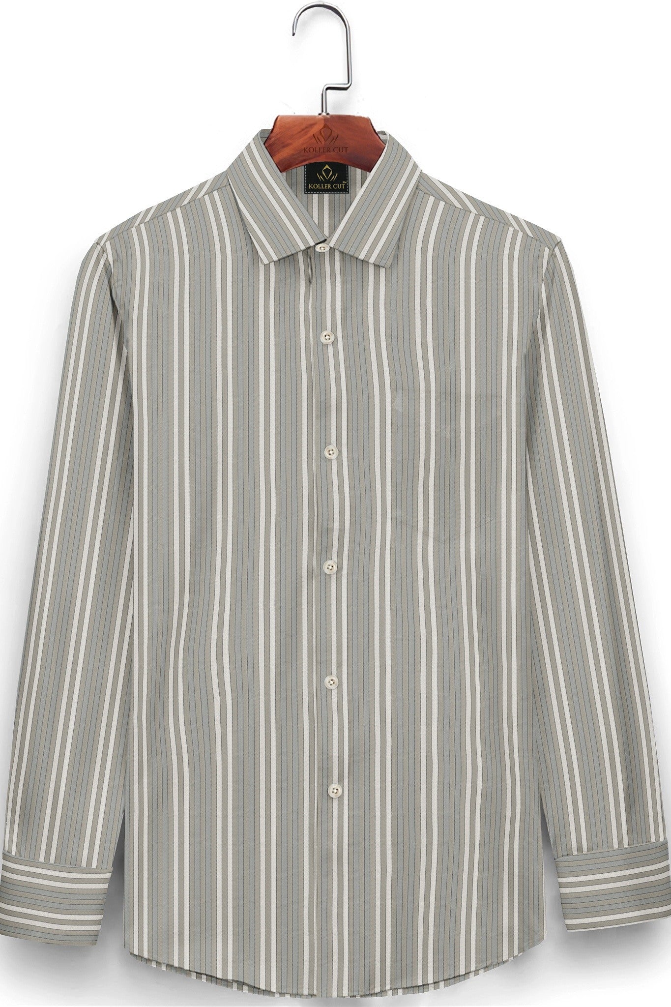 Elm Green with Dolphin Gray and Pristine Cream Stripes Premium Cotton Shirt