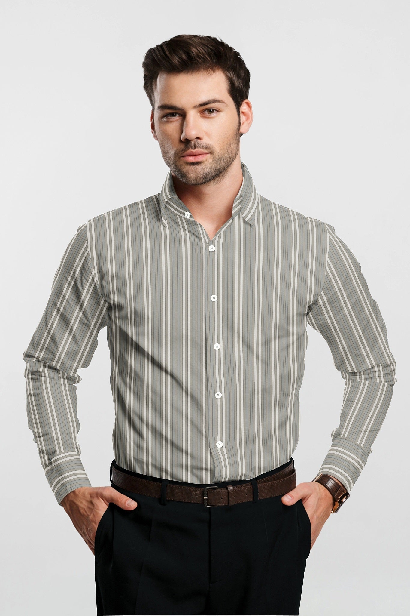 Elm Green with Dolphin Gray and Pristine Cream Stripes Premium Cotton Shirt