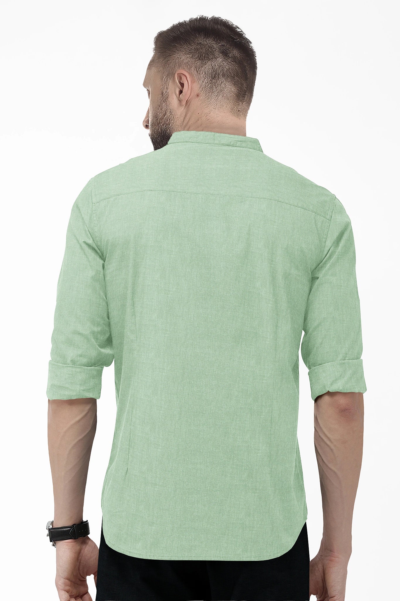 Lichen Green Mandarin Collar Plain Oxford Cotton Formal Shirt