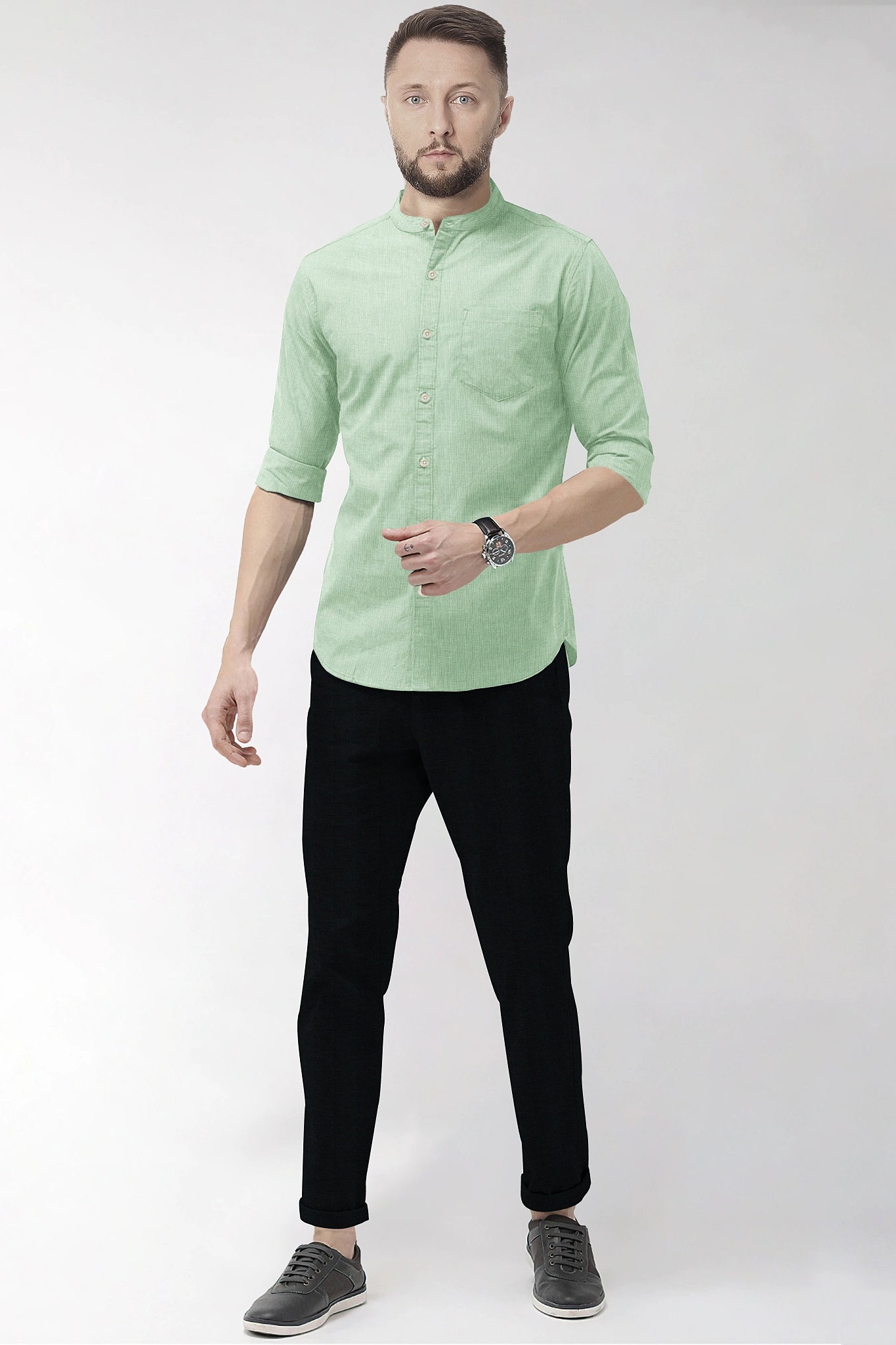 Lichen Green Mandarin Collar Plain Oxford Cotton Formal Shirt