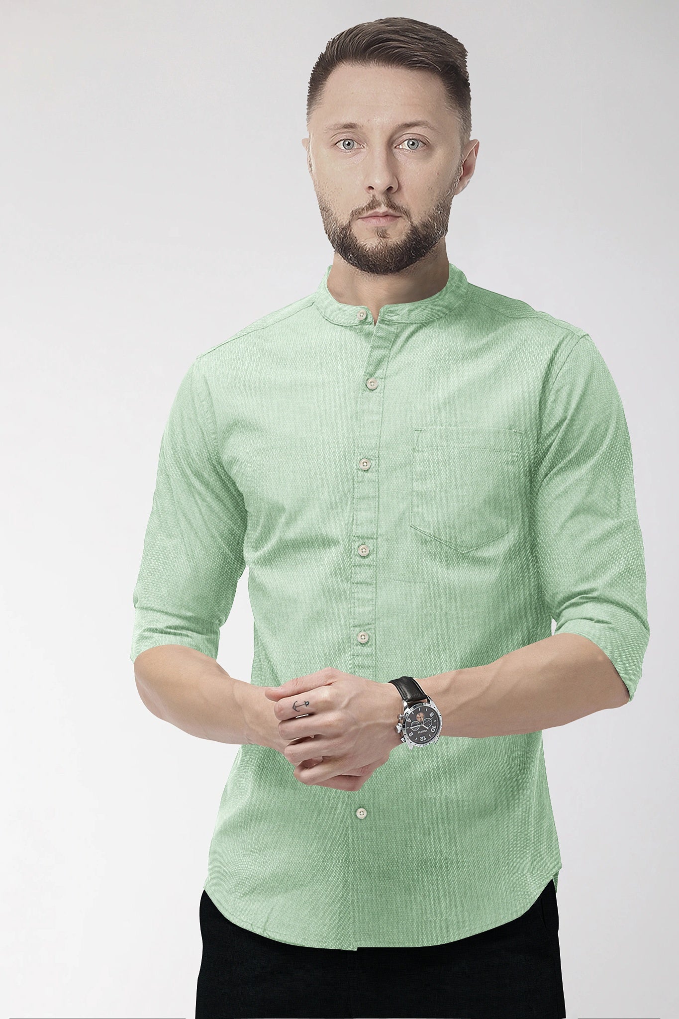 Lichen Green Mandarin Collar Plain Oxford Cotton Formal Shirt