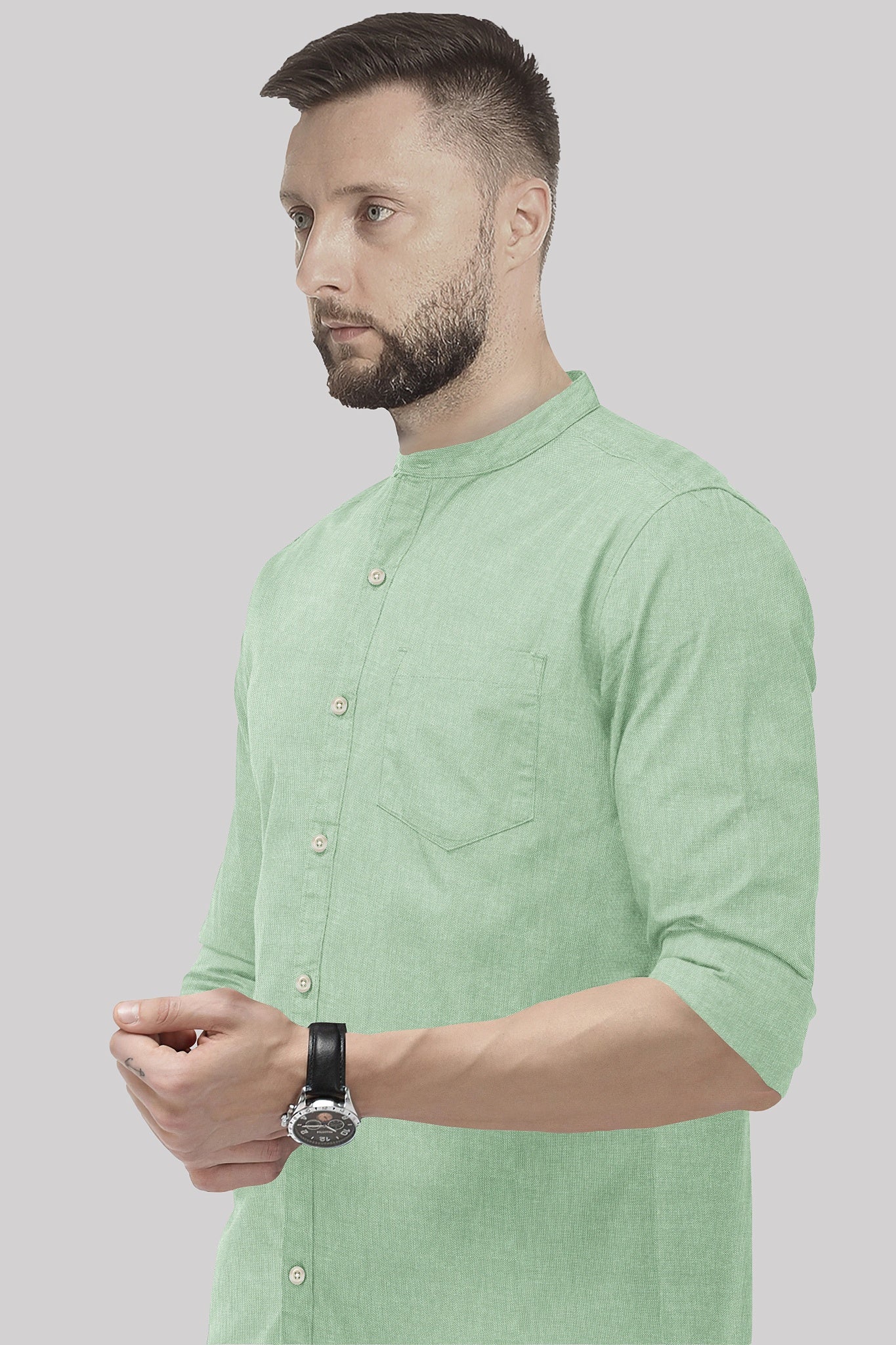 Lichen Green Mandarin Collar Plain Oxford Cotton Formal Shirt