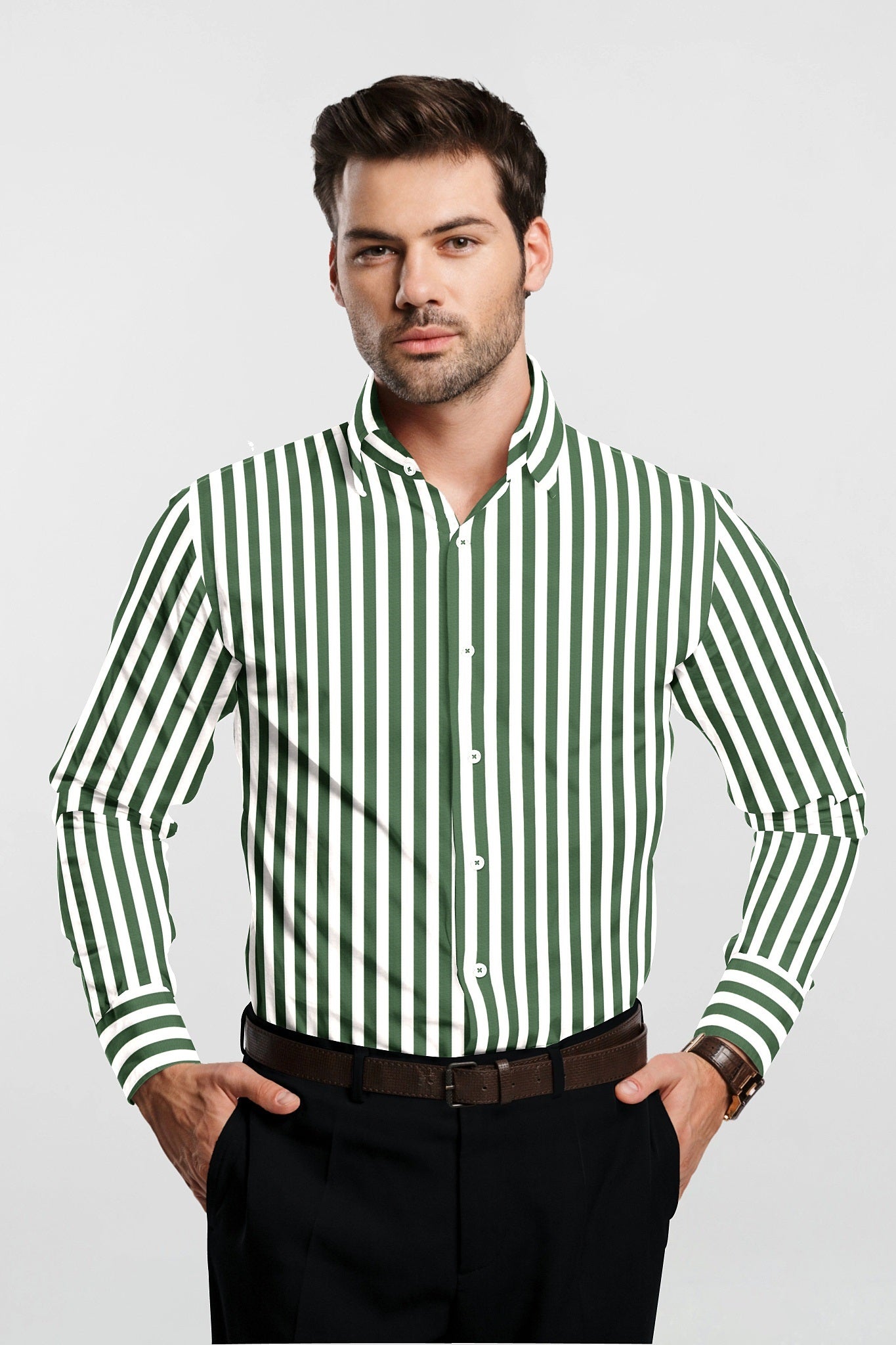 White with Loden Frost Green Candy Stripes Cotton Shirt
