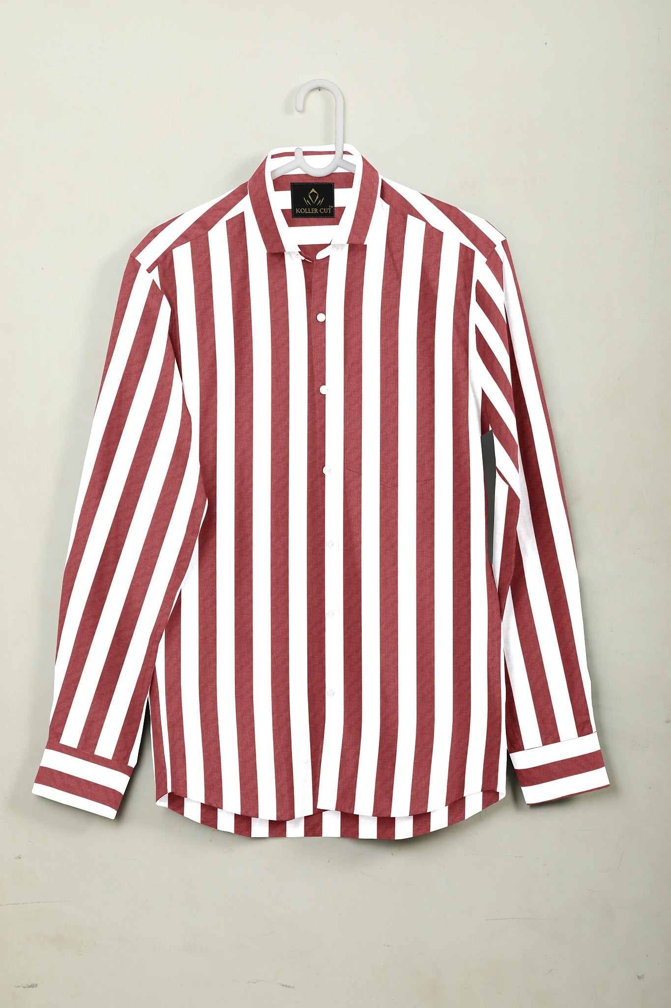 White and Brick Red Awning Stripes Cotton Shirt