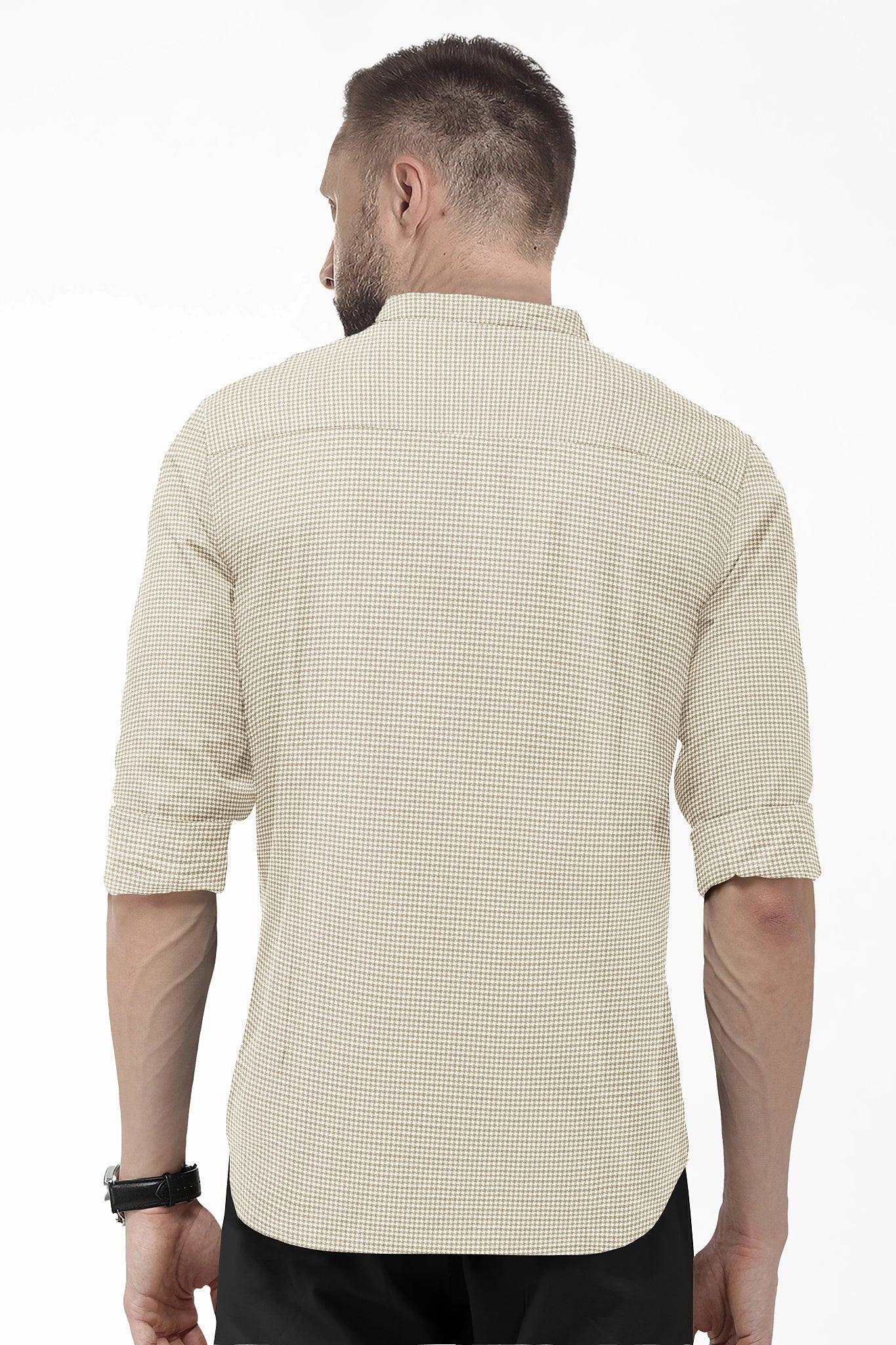 Frappe Brown and White Ninja Shuriken Printed Mandarin Collar Cotton Shirt