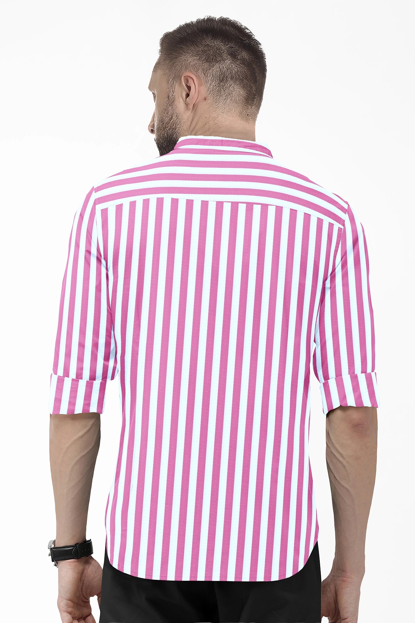 Phlox Pink and White Awning Stripes Mandarin Collar Cotton Shirt