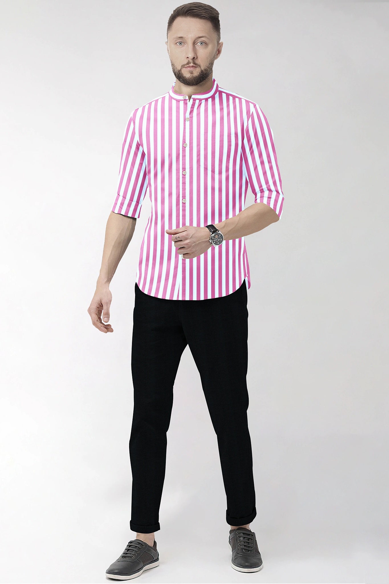 Phlox Pink and White Awning Stripes Mandarin Collar Cotton Shirt