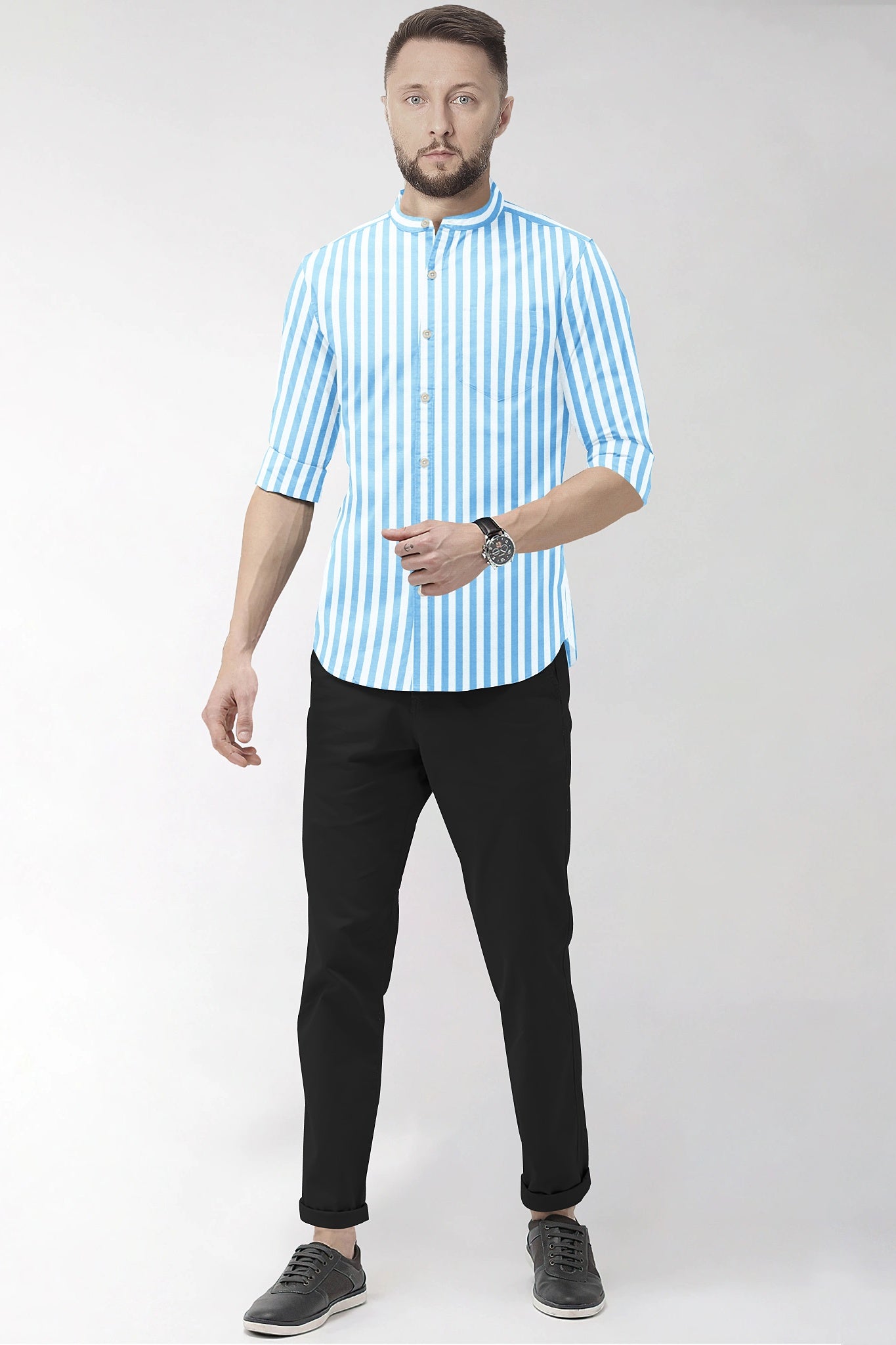 Cloisonne Blue and White Awning Stripes Mandarin Collar Cotton Shirt
