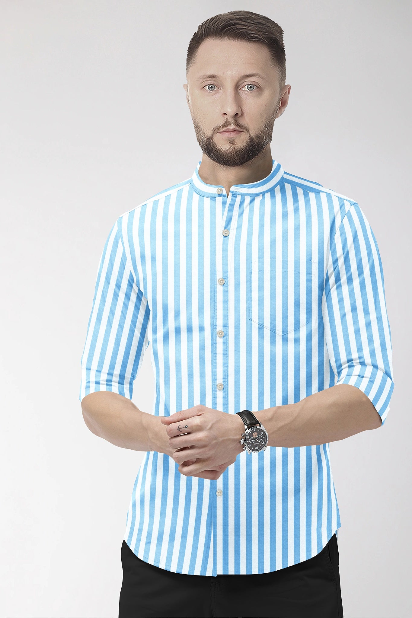 Cloisonne Blue and White Awning Stripes Mandarin Collar Cotton Shirt