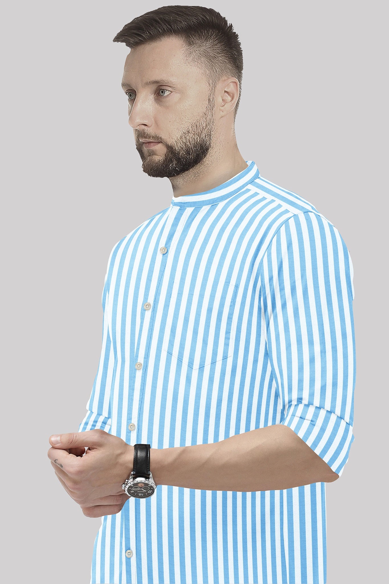 Cloisonne Blue and White Awning Stripes Mandarin Collar Cotton Shirt