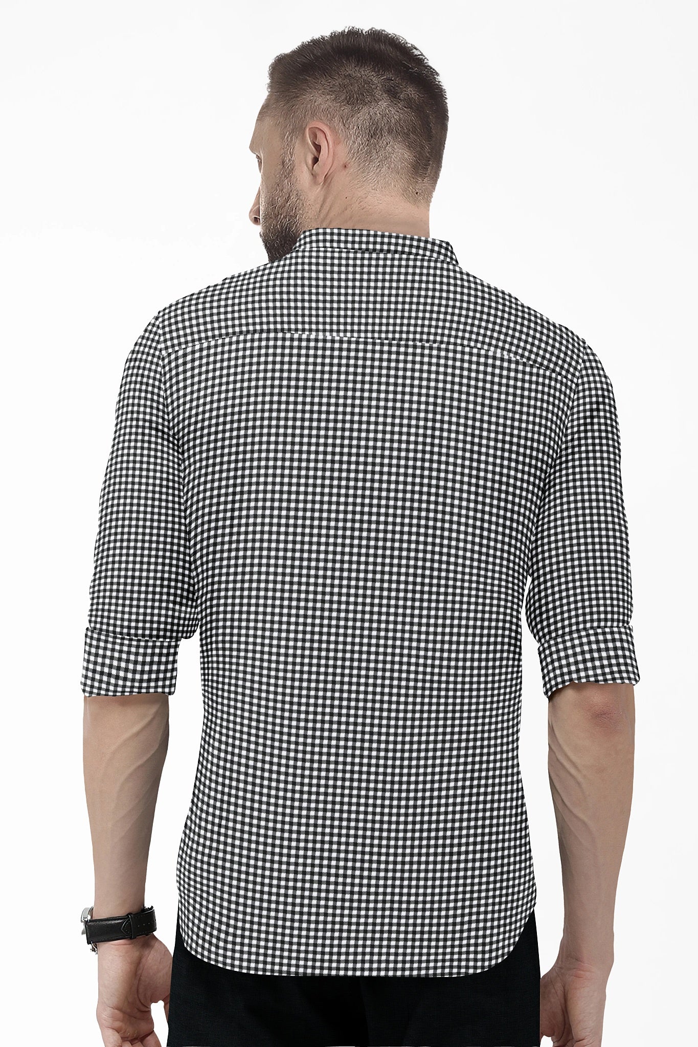 White With Jade Black Gingham Checks Mandarin Collar Cotton Shirt