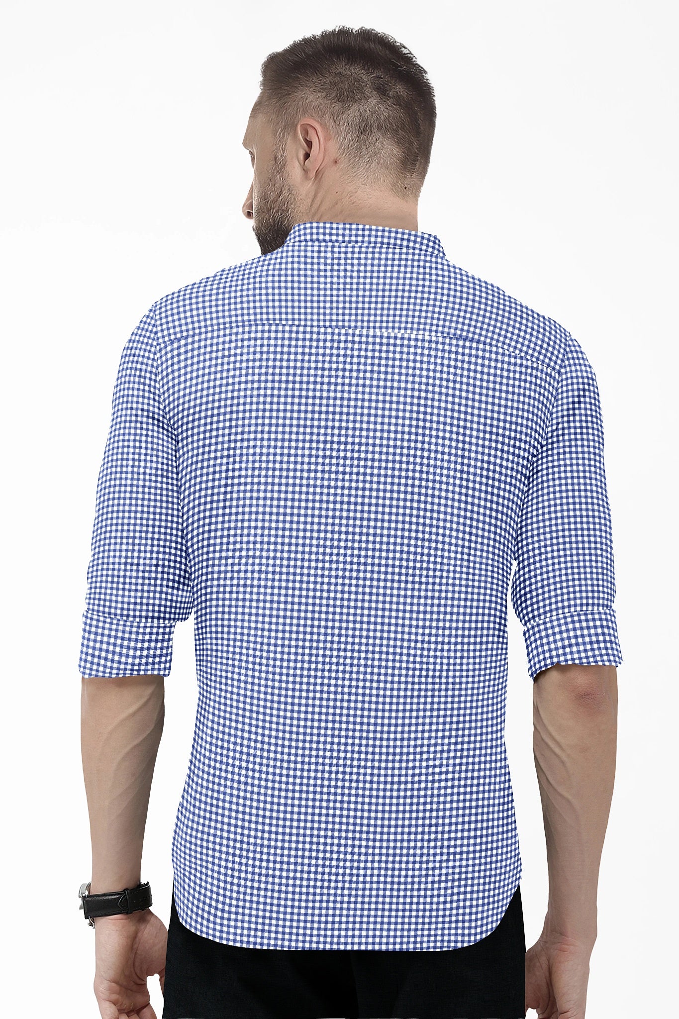 White and Amparo Blue Gingham Checks Mandarin Collar Cotton Shirt