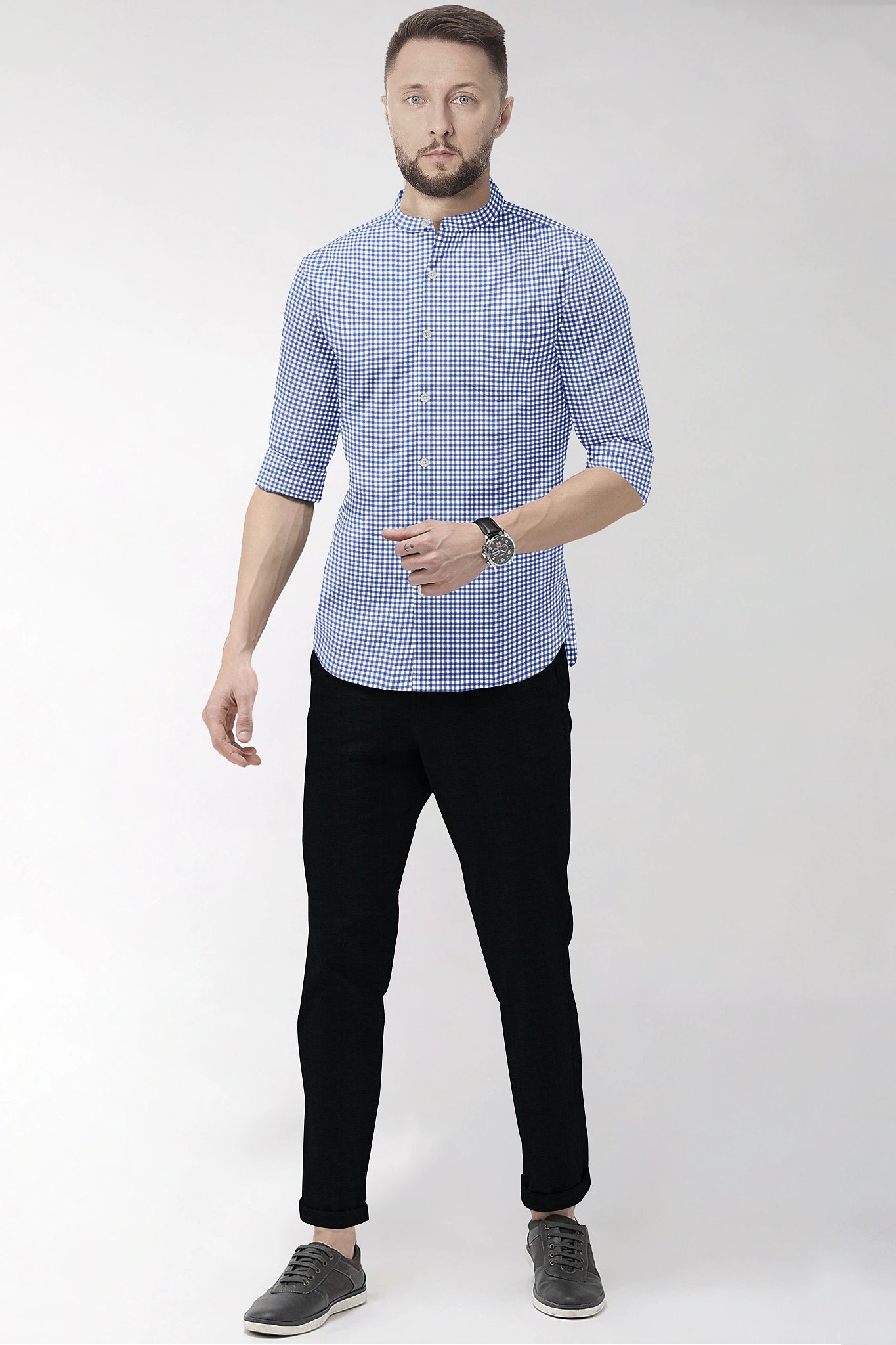 White and Amparo Blue Gingham Checks Mandarin Collar Cotton Shirt