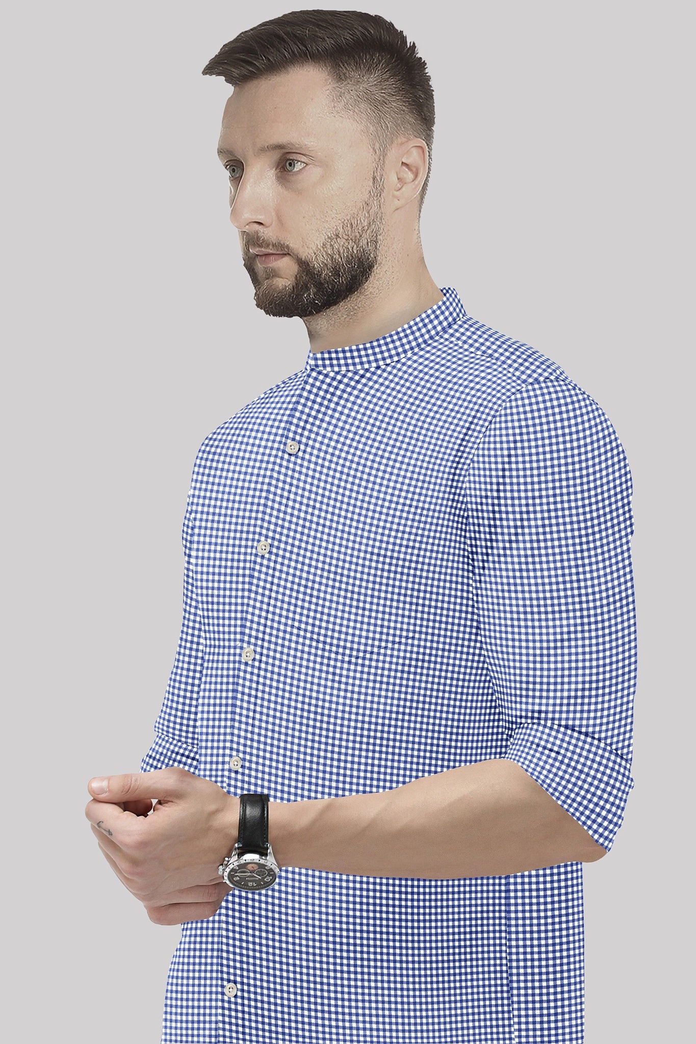 White and Amparo Blue Gingham Checks Mandarin Collar Cotton Shirt