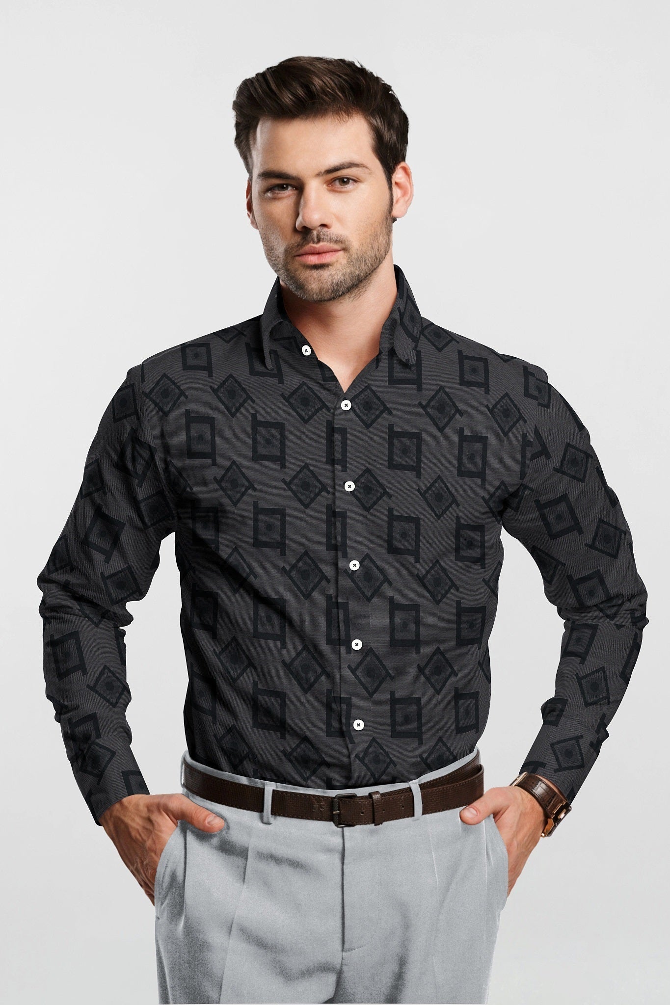 Ebony black with Lunar Gray and Jet Black Square Jacquard Print Egyptian Giza Cotton Shirt