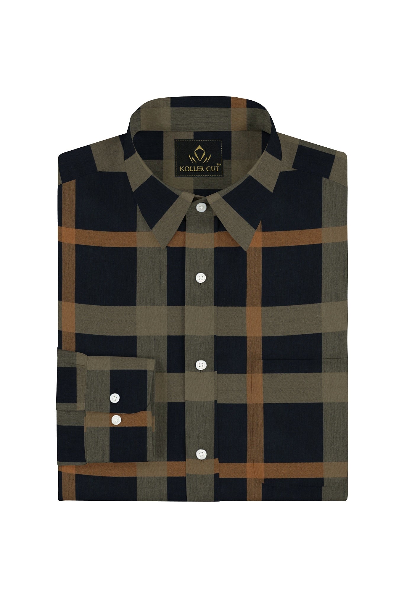 Sodalite Blue with Travertine Cream and Golden Brown Checks Premium Egyltian Giza Cotton Shirt