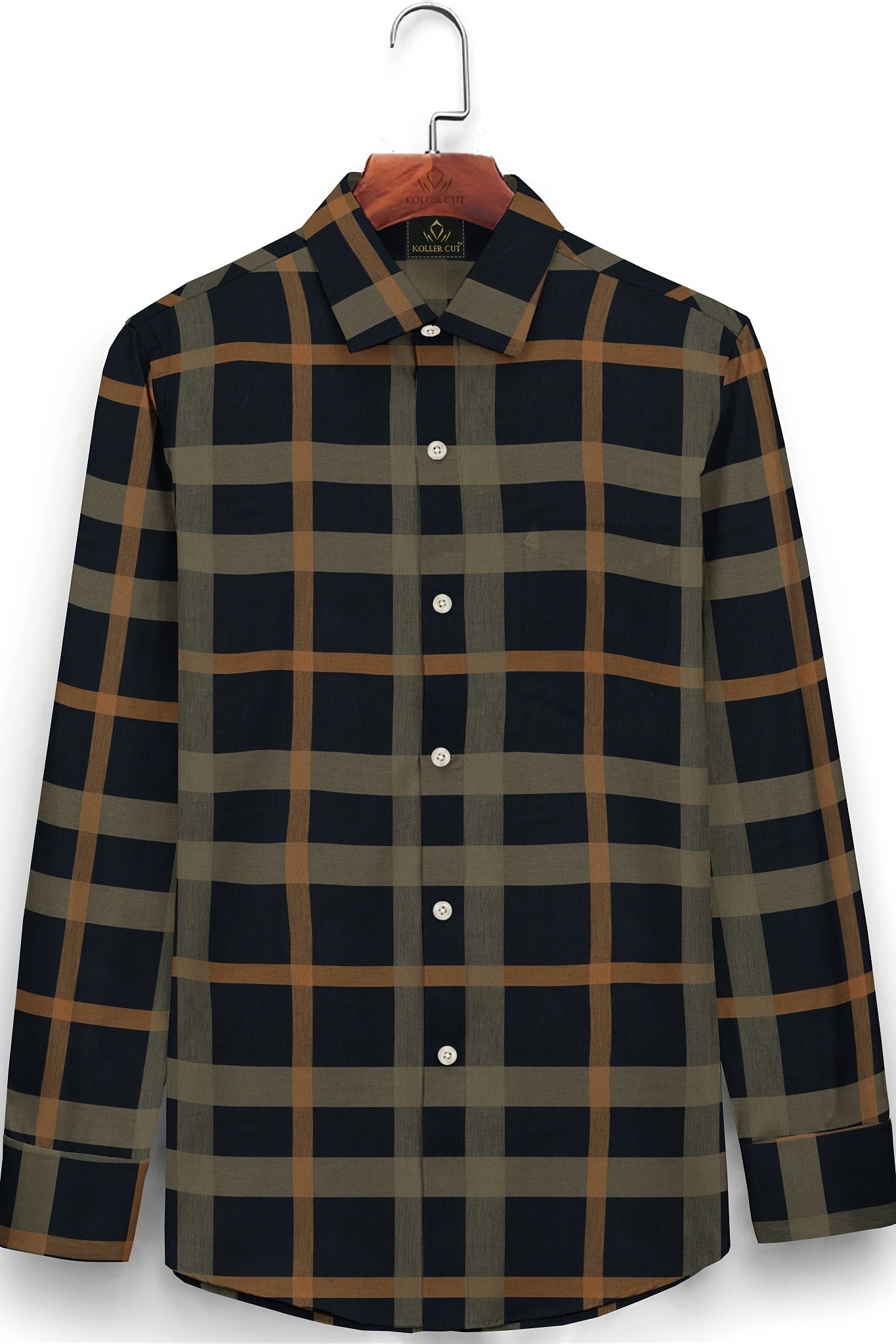 Sodalite Blue with Travertine Cream and Golden Brown Checks Premium Egyltian Giza Cotton Shirt