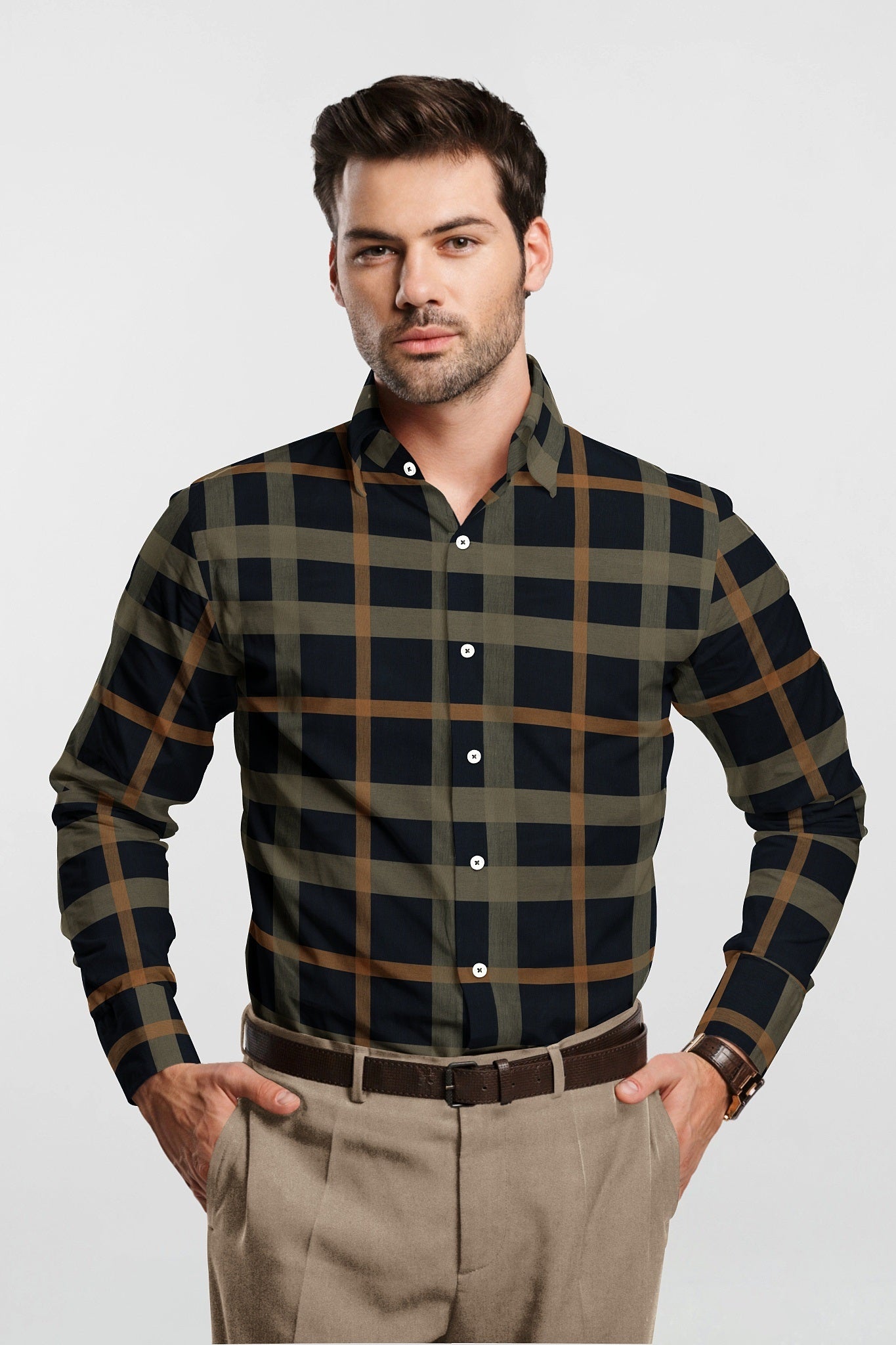 Sodalite Blue with Travertine Cream and Golden Brown Checks Premium Egyltian Giza Cotton Shirt