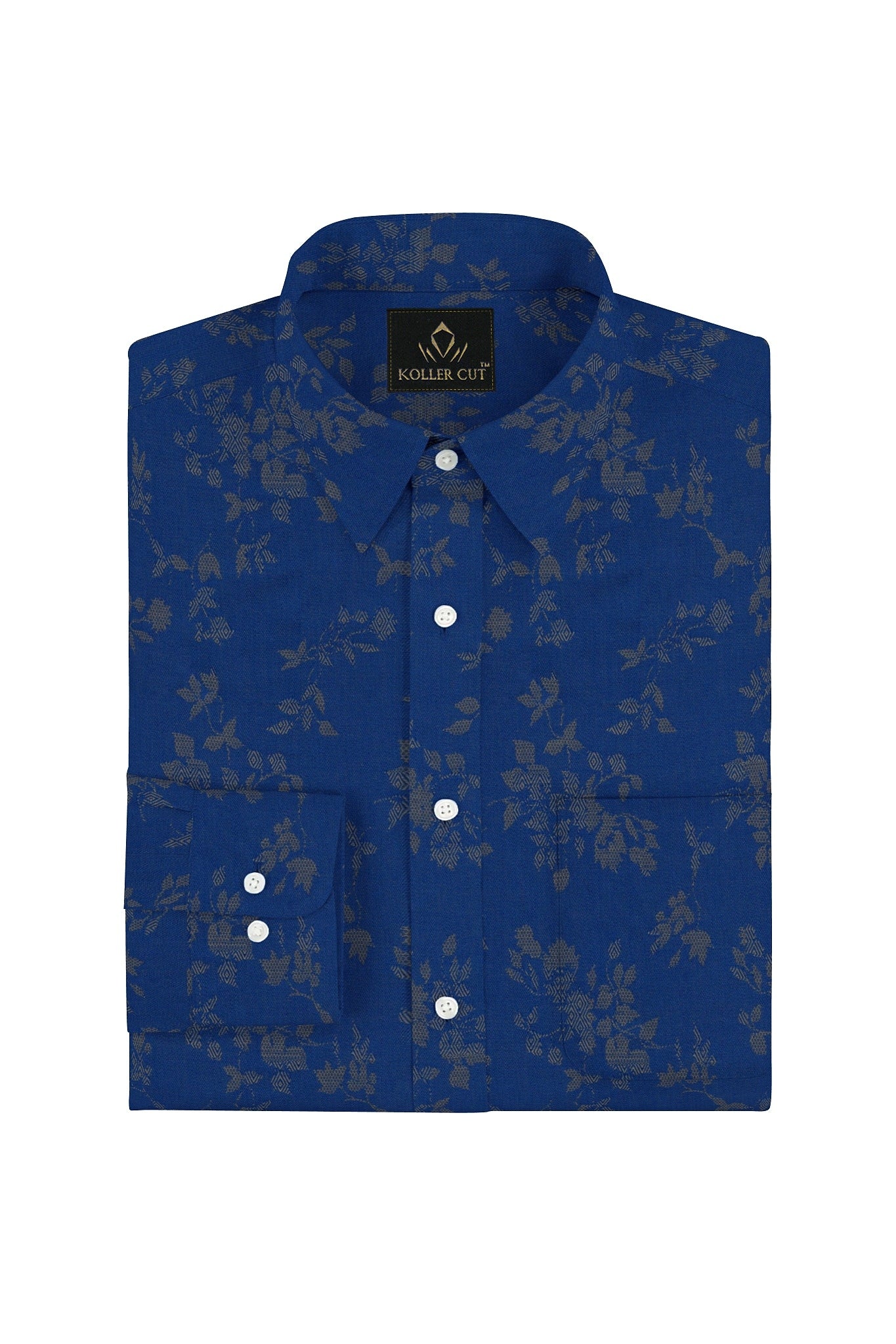 Lapis Blue and Tuscany Brown Carnation Plant Jacquard Print Egyptian Giza Cotton Shirt