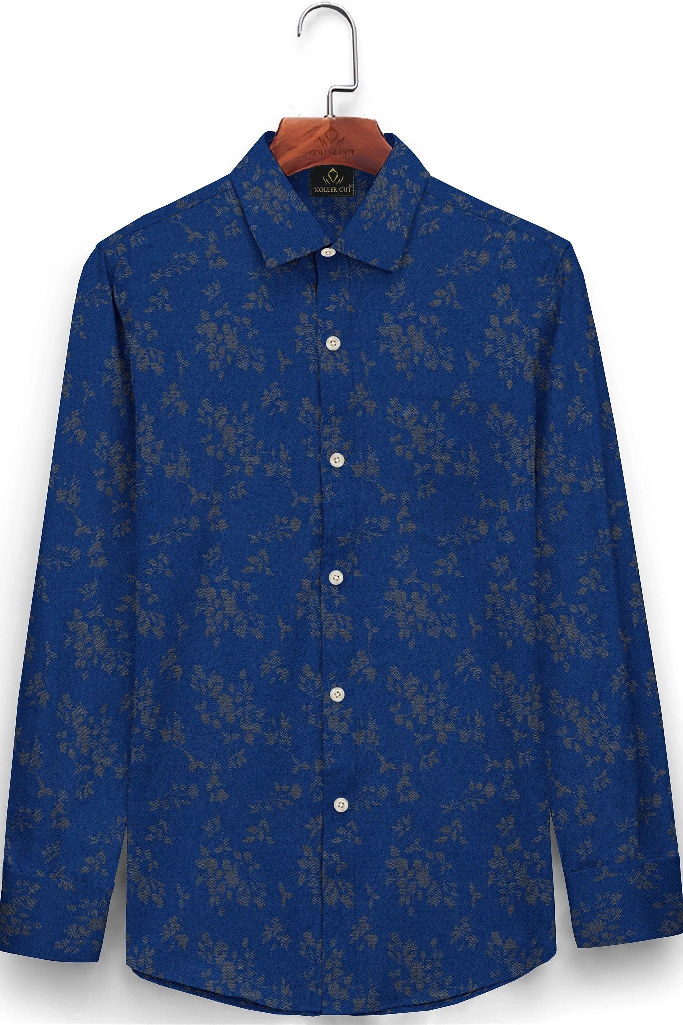Lapis Blue and Tuscany Brown Carnation Plant Jacquard Print Egyptian Giza Cotton Shirt