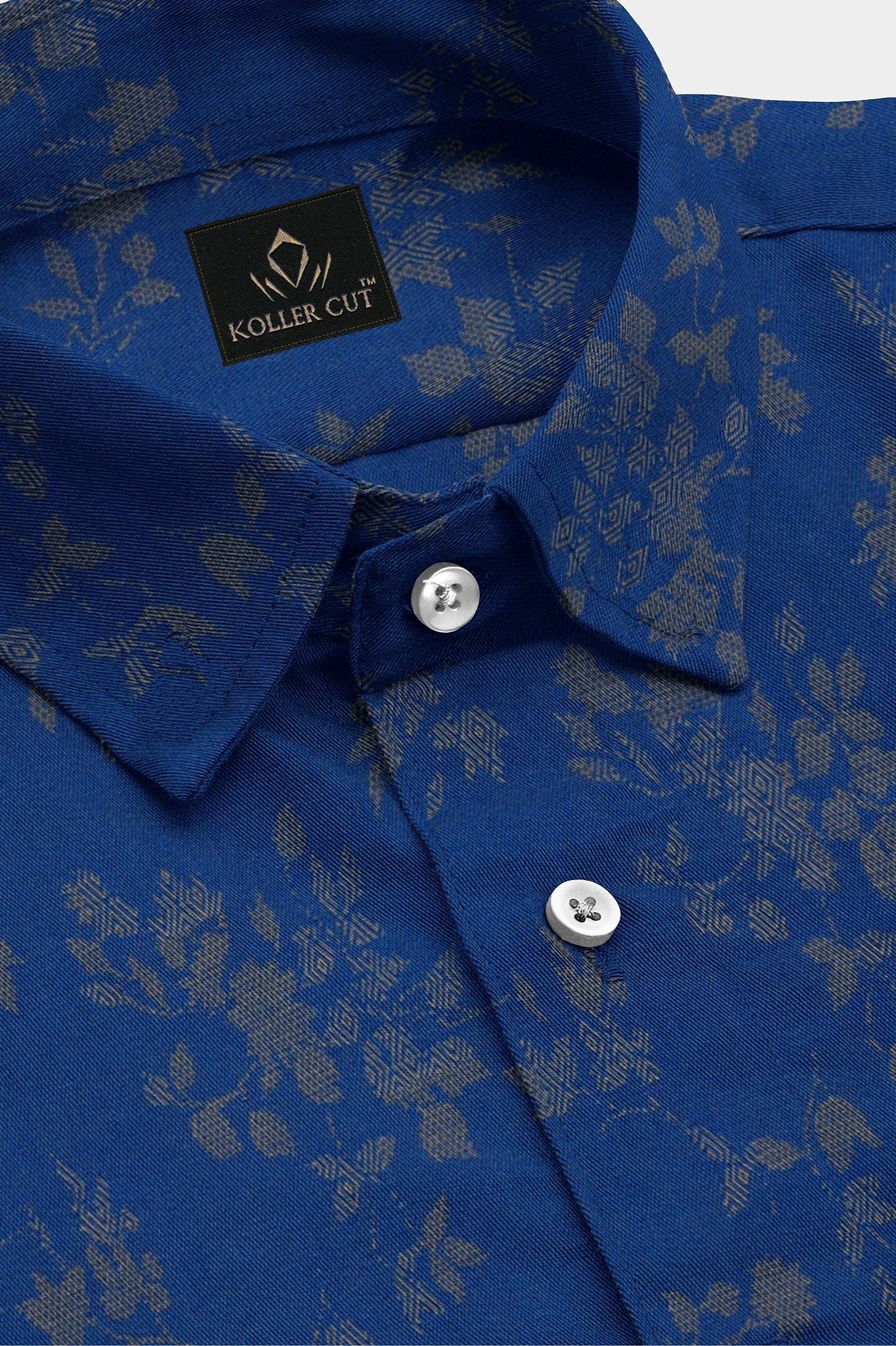 Lapis Blue and Tuscany Brown Carnation Plant Jacquard Print Egyptian Giza Cotton Shirt