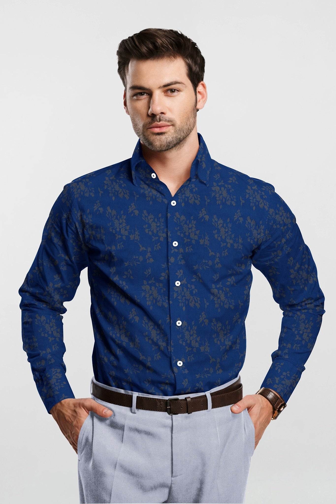 Lapis Blue and Tuscany Brown Carnation Plant Jacquard Print Egyptian Giza Cotton Shirt