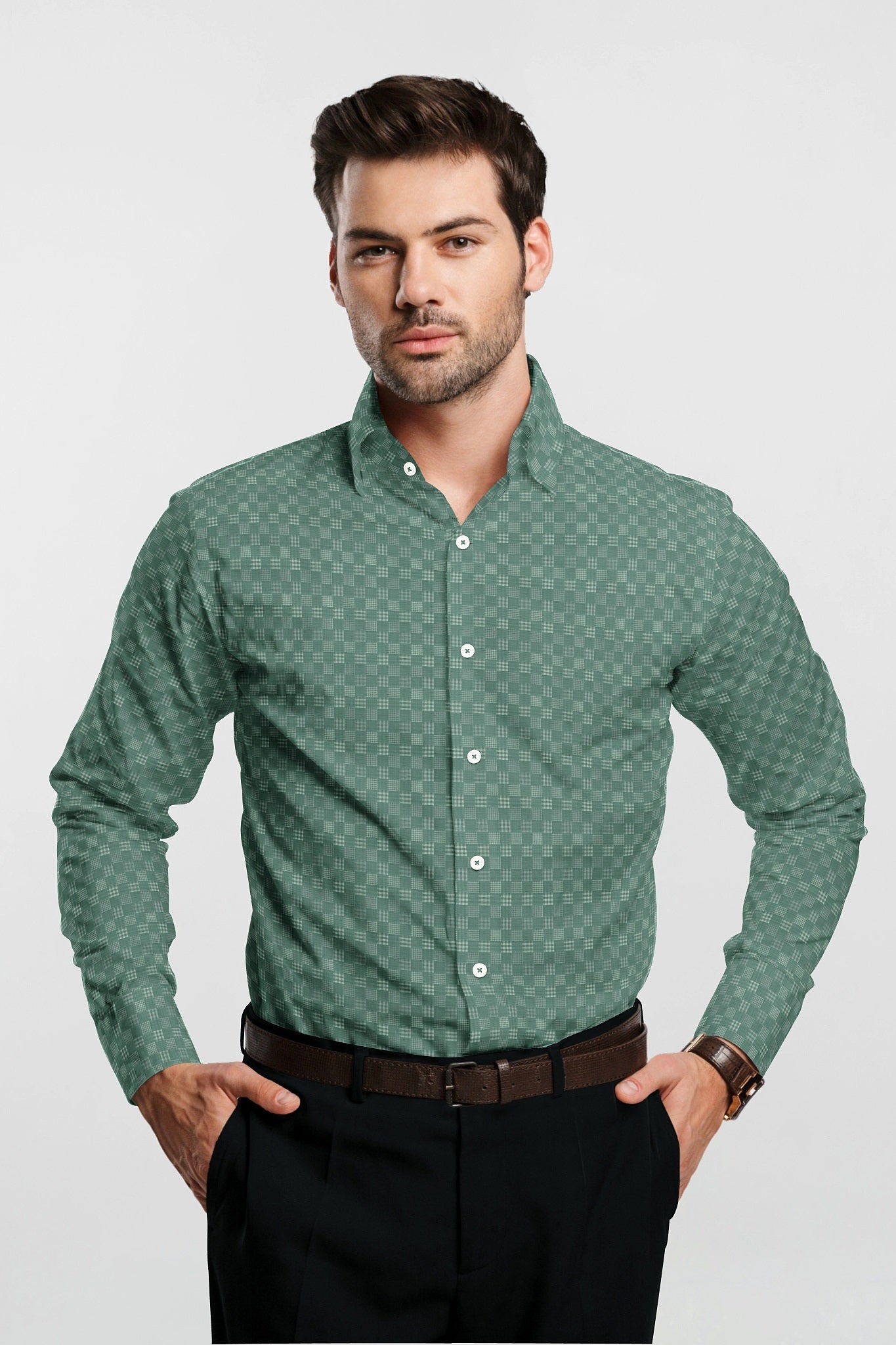 Jadesheen Green and White Jacquard Checks Egyptian Giza Cotton Shirt