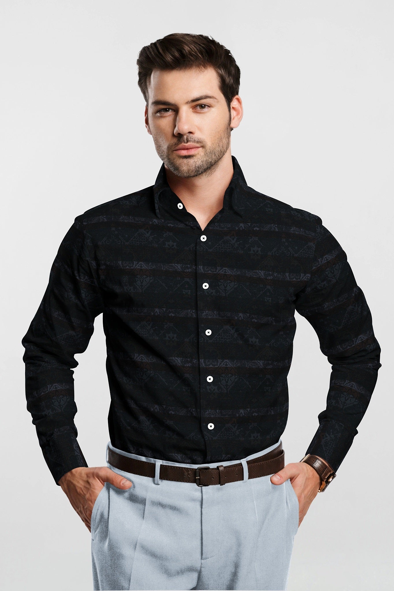 Platinum Gray with Cilantro Green and Tiramisu Brown Multicolored Jacqurd Abstract Stripes Egyptian Giza Cotton Shirt