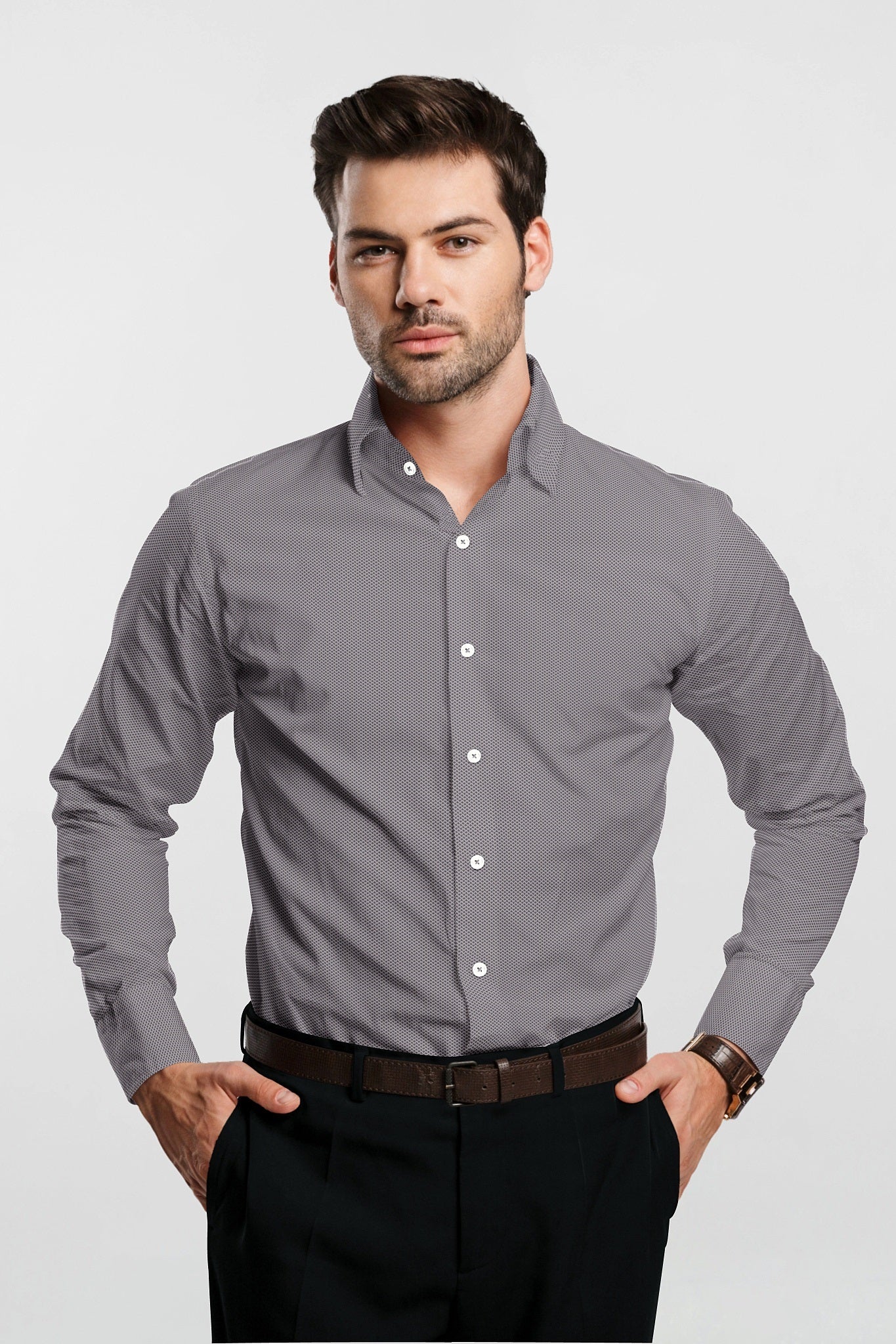 Titanium Gray and Orchid Pink Lock Crimp Mesh Jacquard Print Egyptian Giza Cotton Shirt