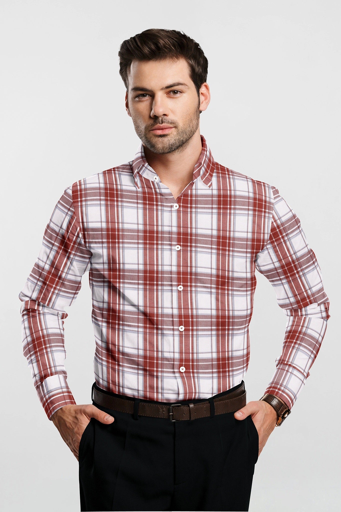 White with Cinnabar Red Checks Cotton Shirt