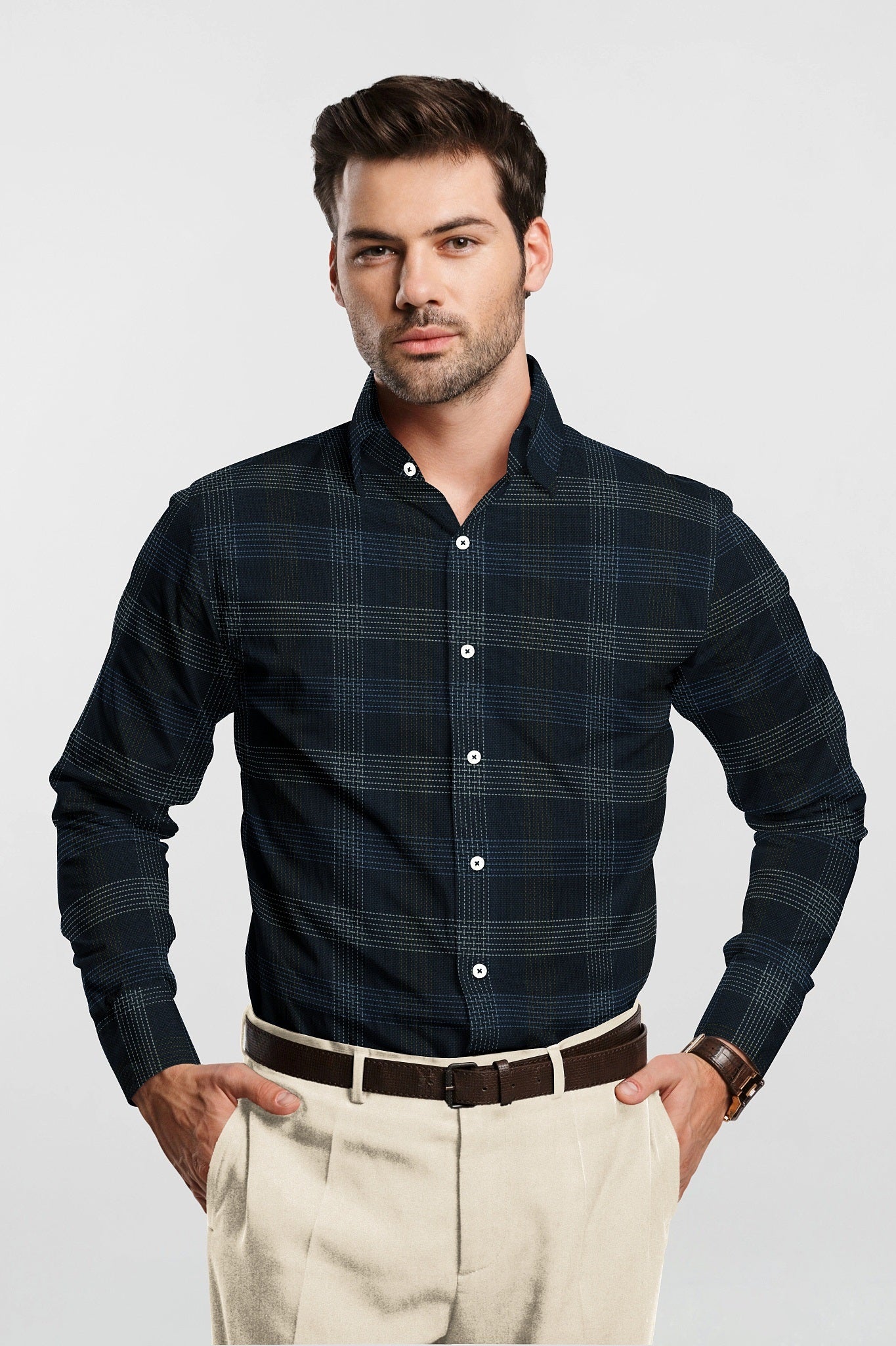 Ink Blue with Mustard Gold and Lichen Blue Jacquard Dash Checks Premium Cotton Shirt