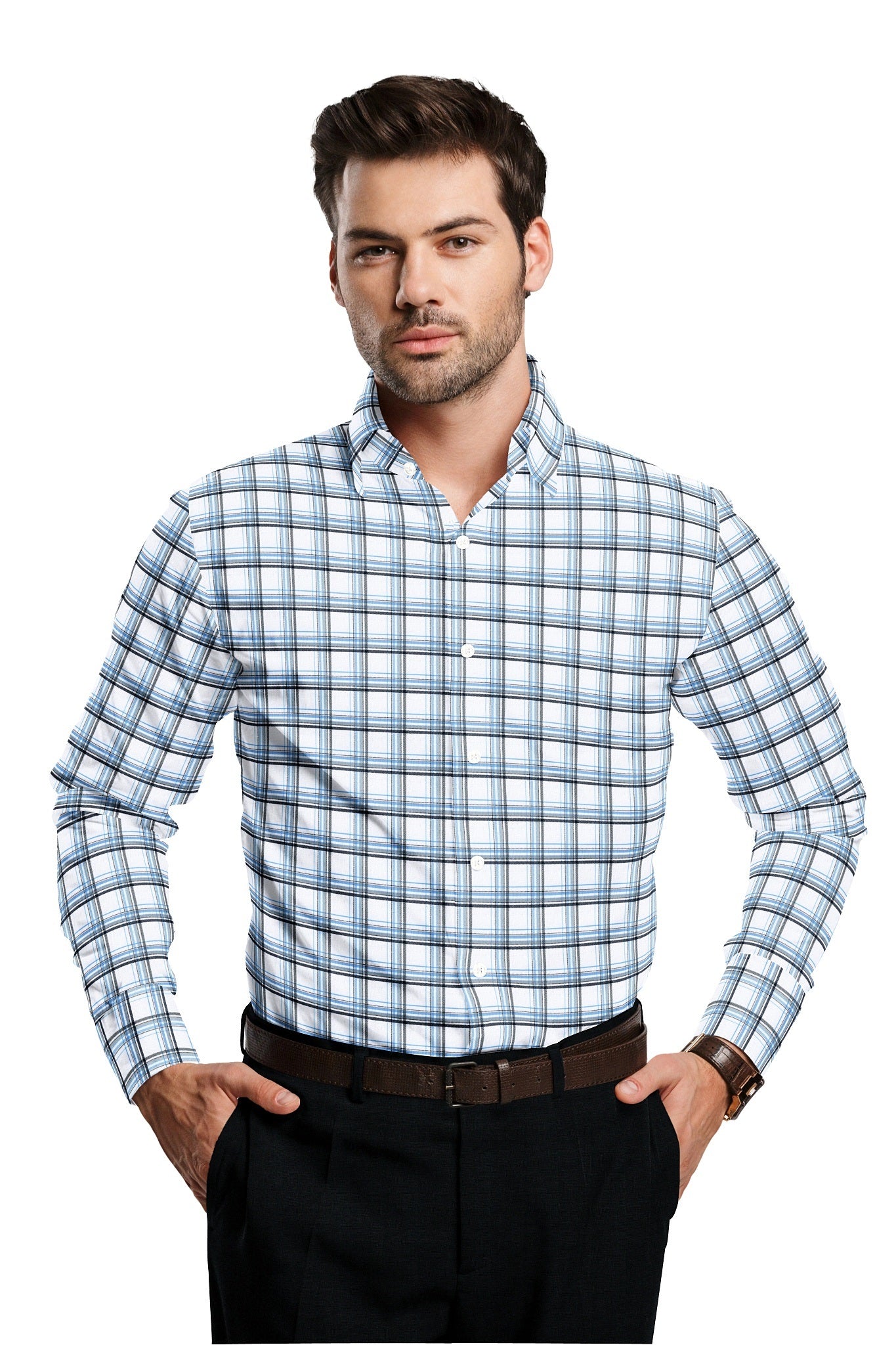 White with Ethereal blue and Black Checks Cotton Shirt