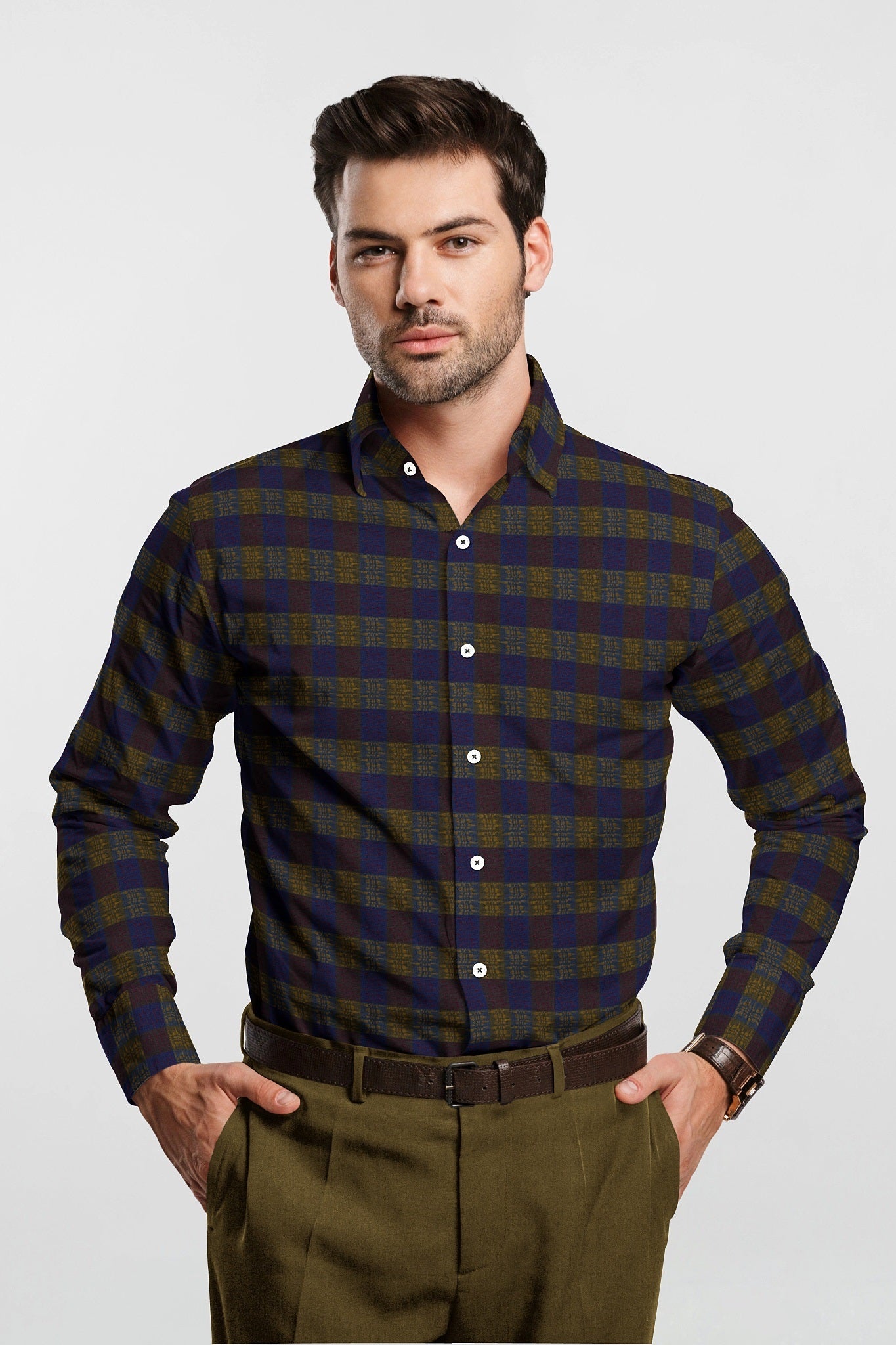 Shitake Brown with Baleine Blue and Ochre Yellow Checks Egyptian Giza The Stiff Collar Cotton Shirt