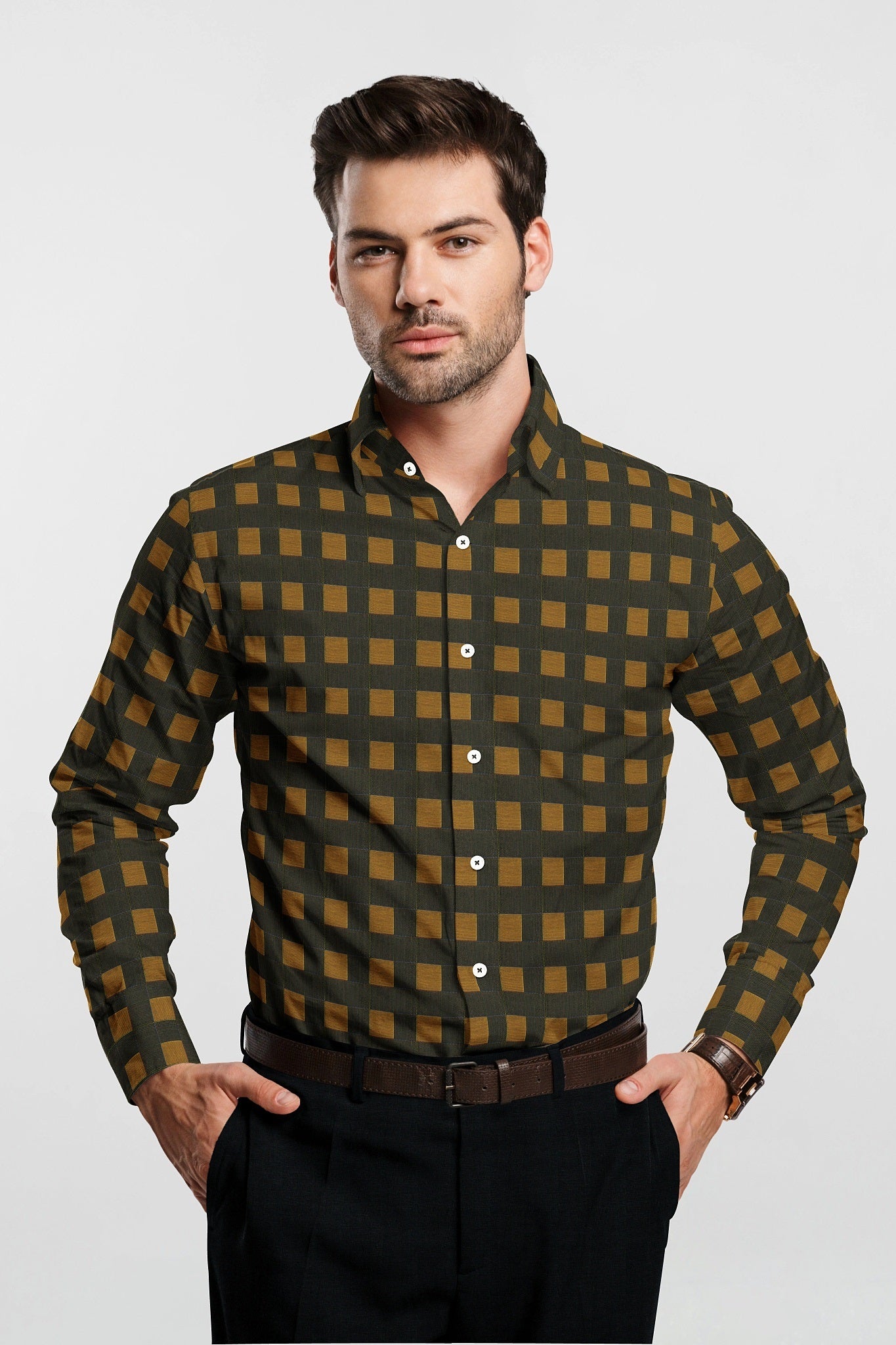 Umber Brown with Golden Brown and Citron Yellow Checks Premium Egyptian Giza Cotton Shirt