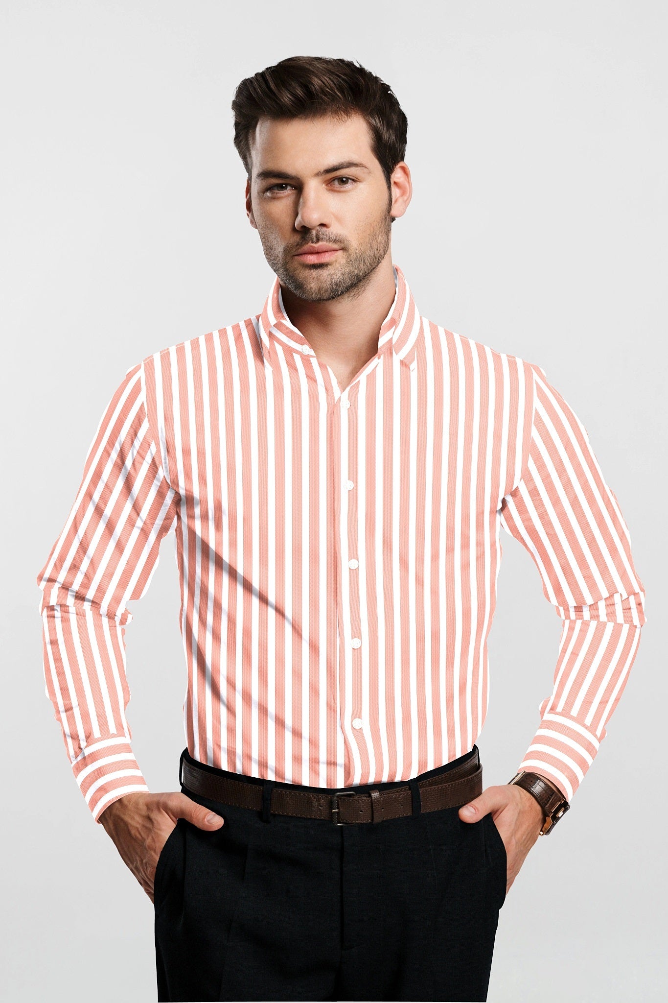 White with Salmon Pink Stripes Cotton Shirt Buy Plus size Stripes Shirt in India