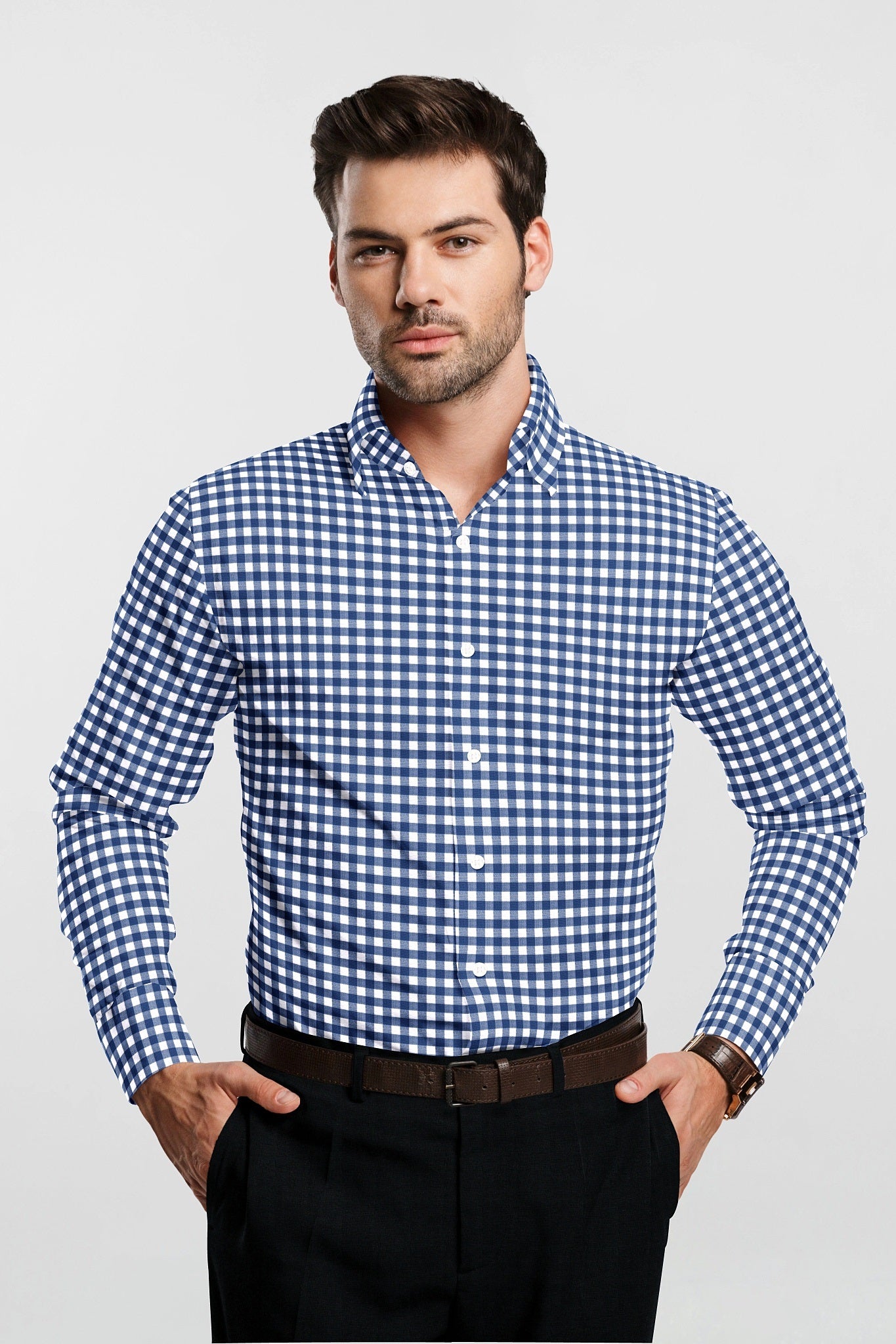 White and Galaxy Blue Gingham Checks Cotton Shirt Formal Cotton Shirts in India - Buy Stitch Shirt in Mumbai