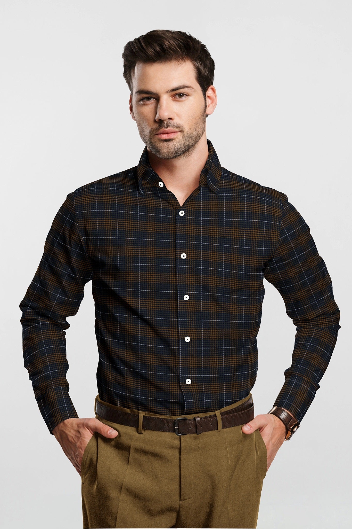 Monaco Blue with Buckthorn brown and Capulet Olive Green Hounds tooth Checks Premium Cotton Shirt Plus size Shirt in India