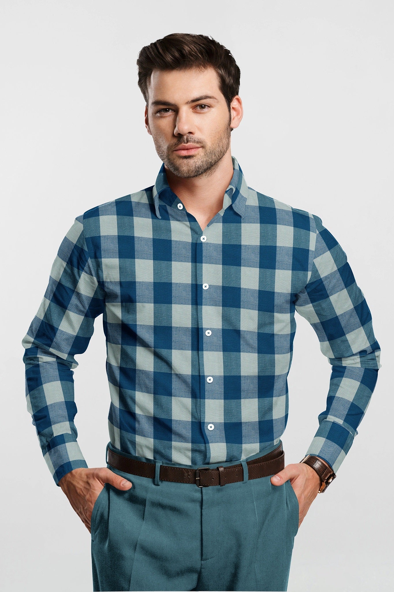 Crystal Teal Blue and Lunar Gray Buffalo Checks Cotton Linen Shirt-Plus Size Cotton Checks shirts in India