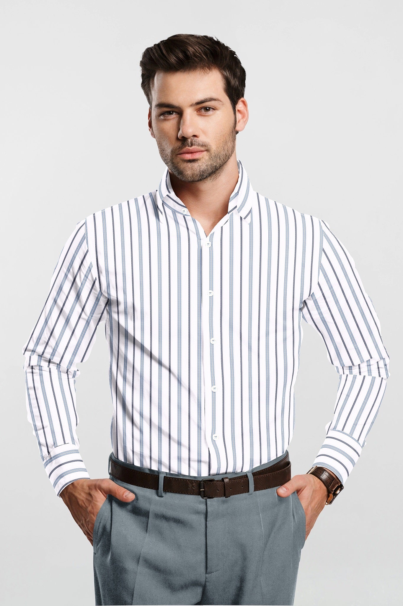 White with Brunnera Blue and Estate Blue Stripes Cotton Shirt