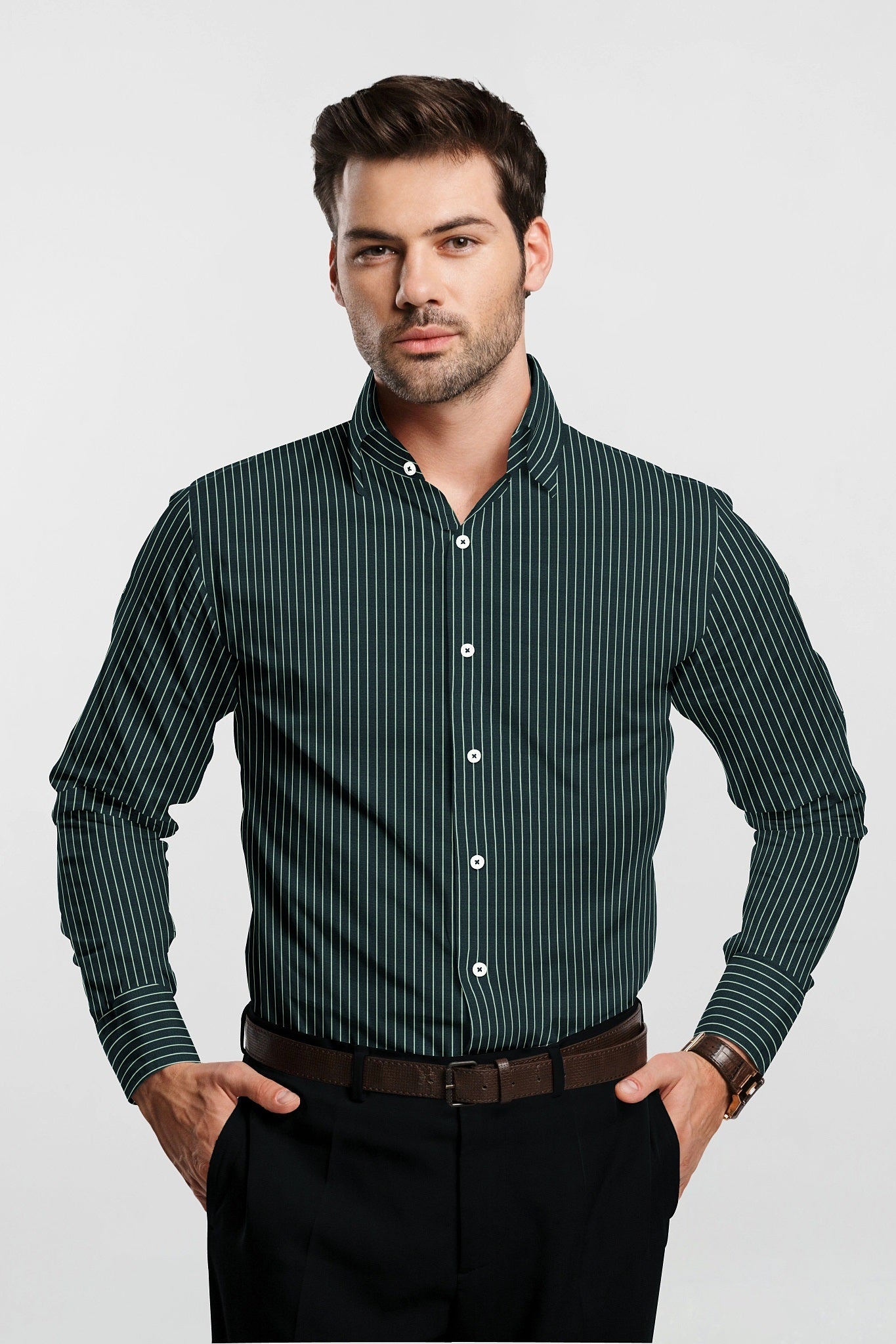 Dark Forest Green and White Pinstripes Cotton Shirt Plus size Premium Cotton Shirts in India