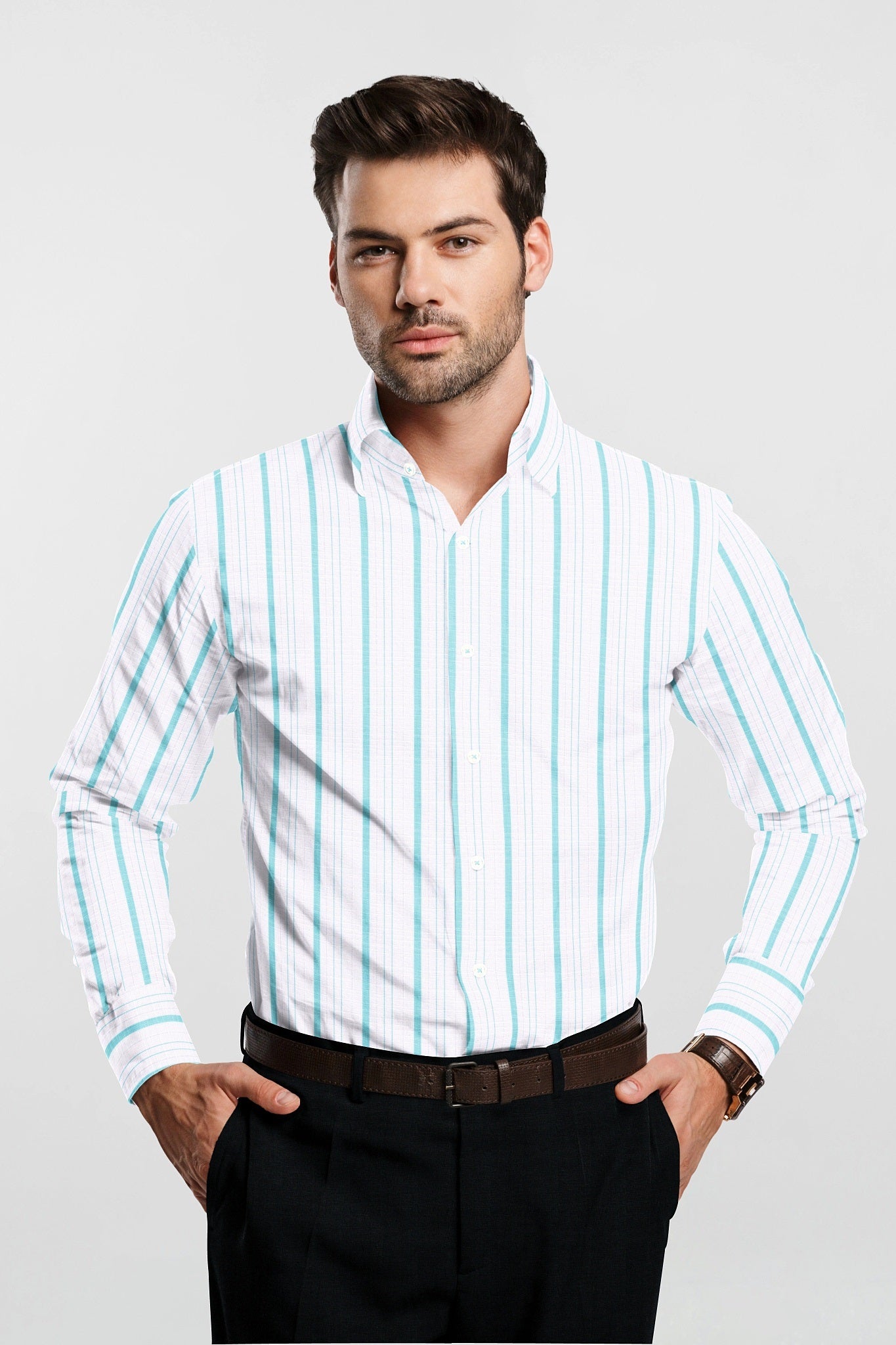 White and Turquoise Blue Stripes Cotton Linen Shirt